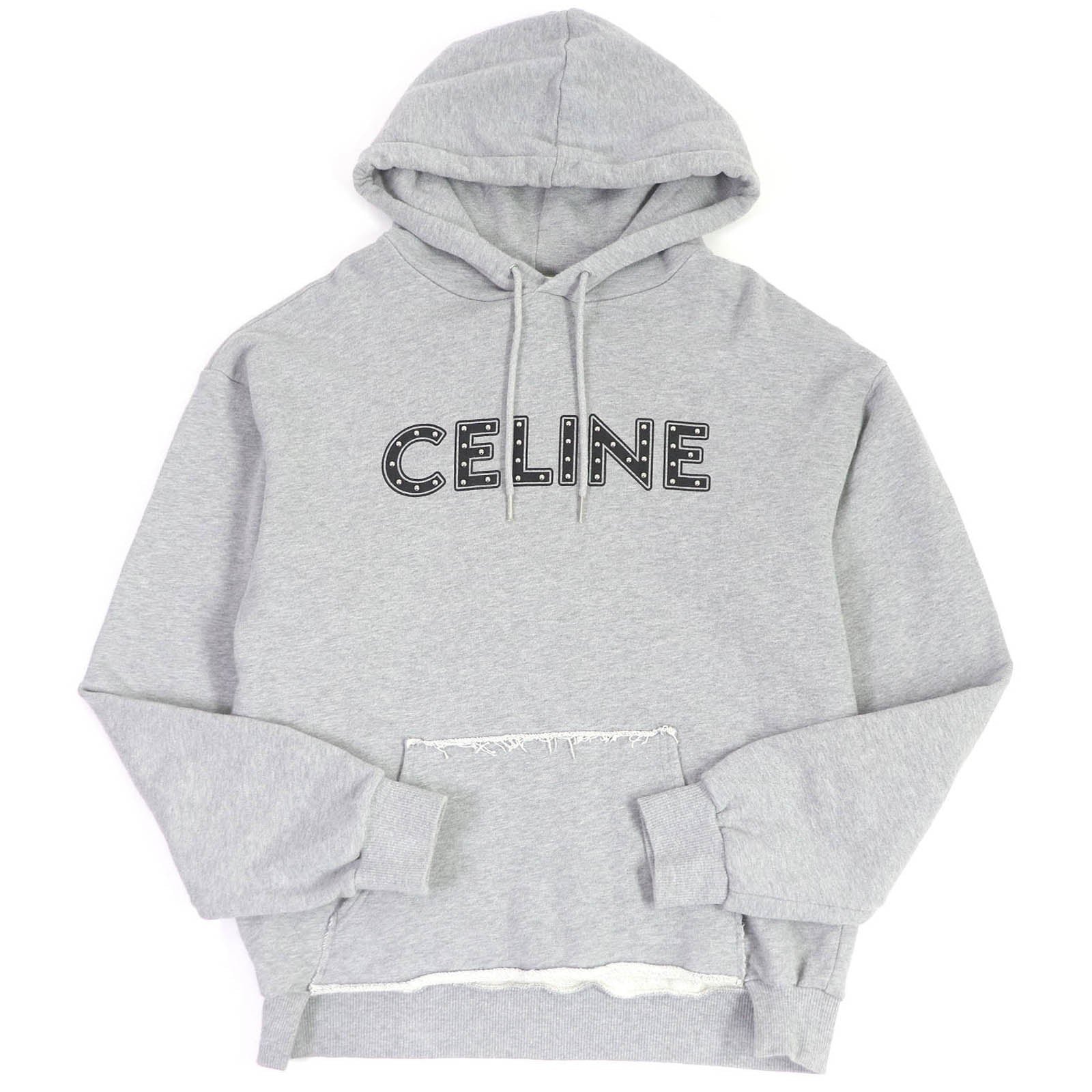 CELINE Cotton Studded Logo Hoodie Gray S