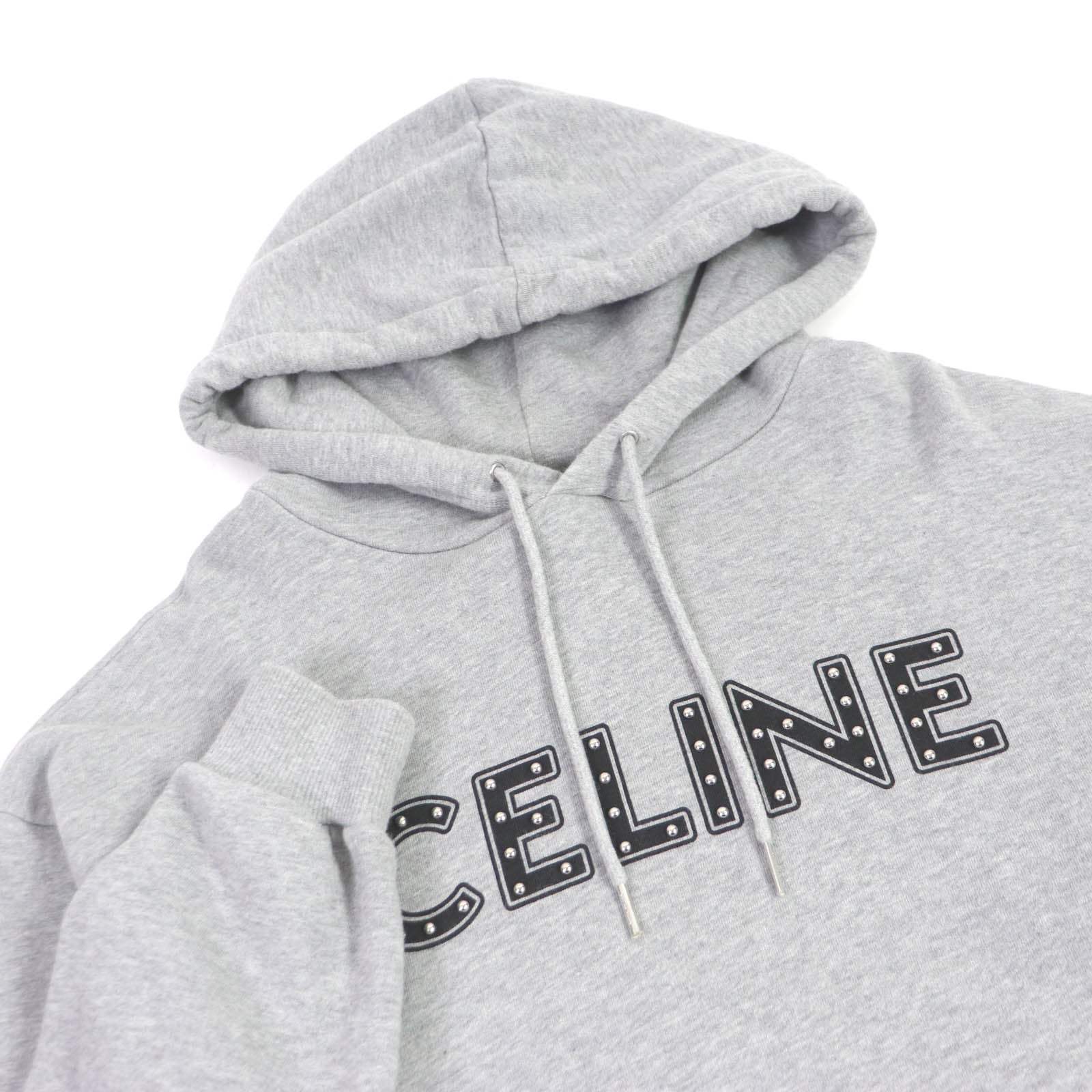 CELINE Cotton Studded Logo Hoodie Gray S