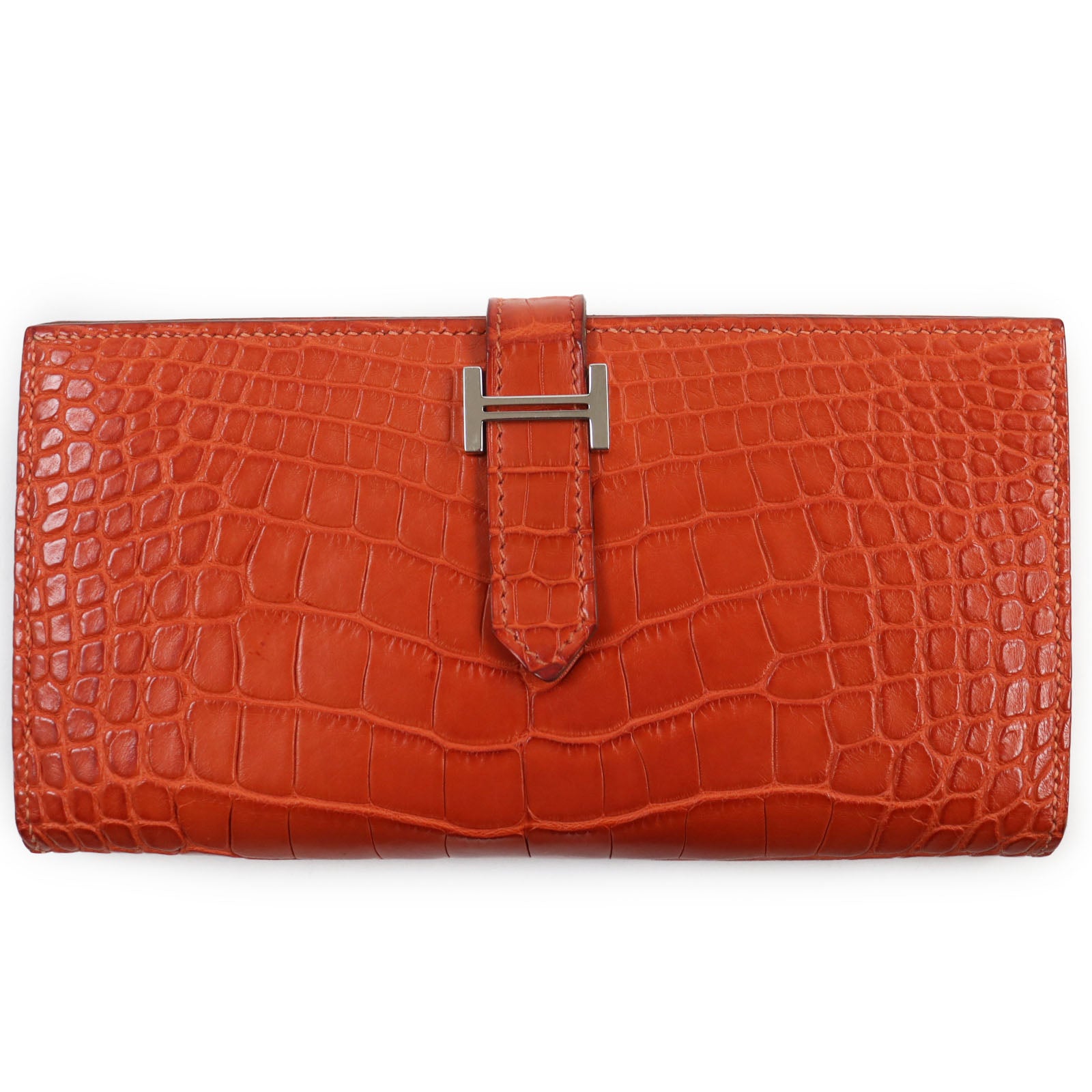 HERMES Alligator Bifold Wallet Orange