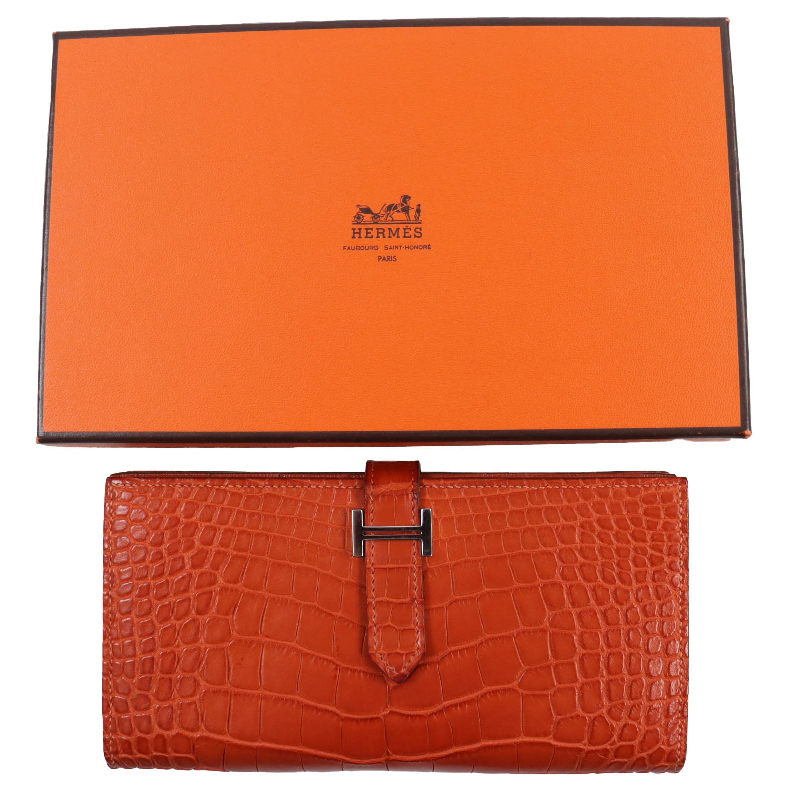 HERMES Alligator Bifold Wallet Orange