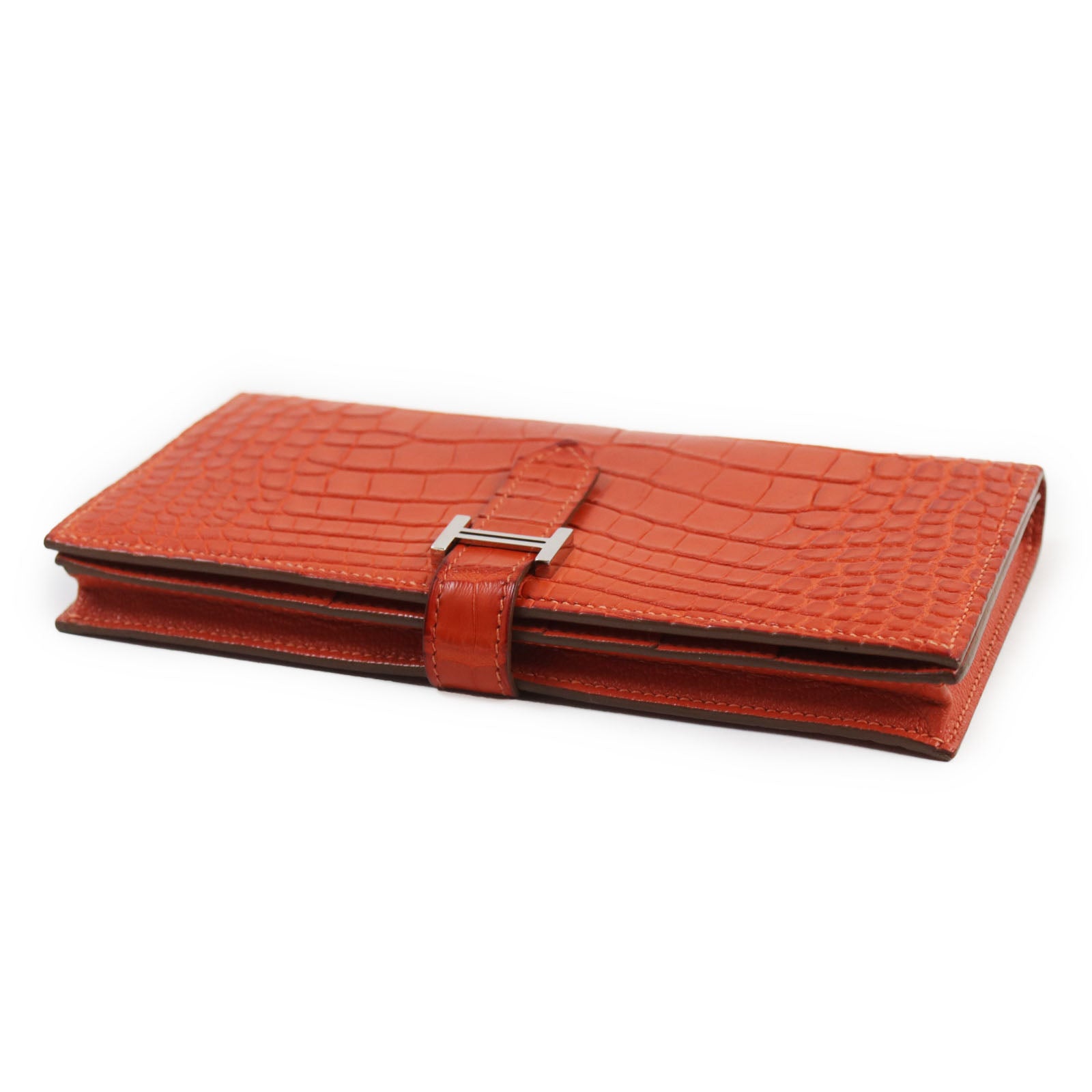 HERMES Alligator Bifold Wallet Orange