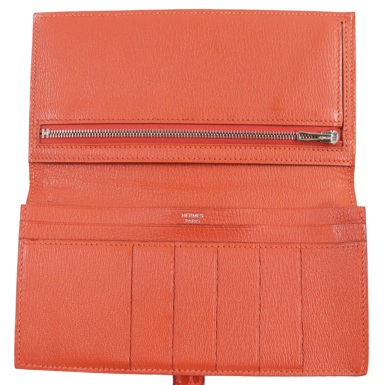 HERMES Alligator Bifold Wallet Orange