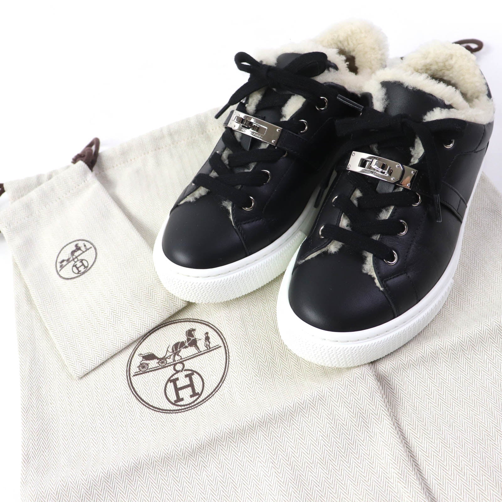 Hermes Kelly Buckle Sheepskin Sneakers Black