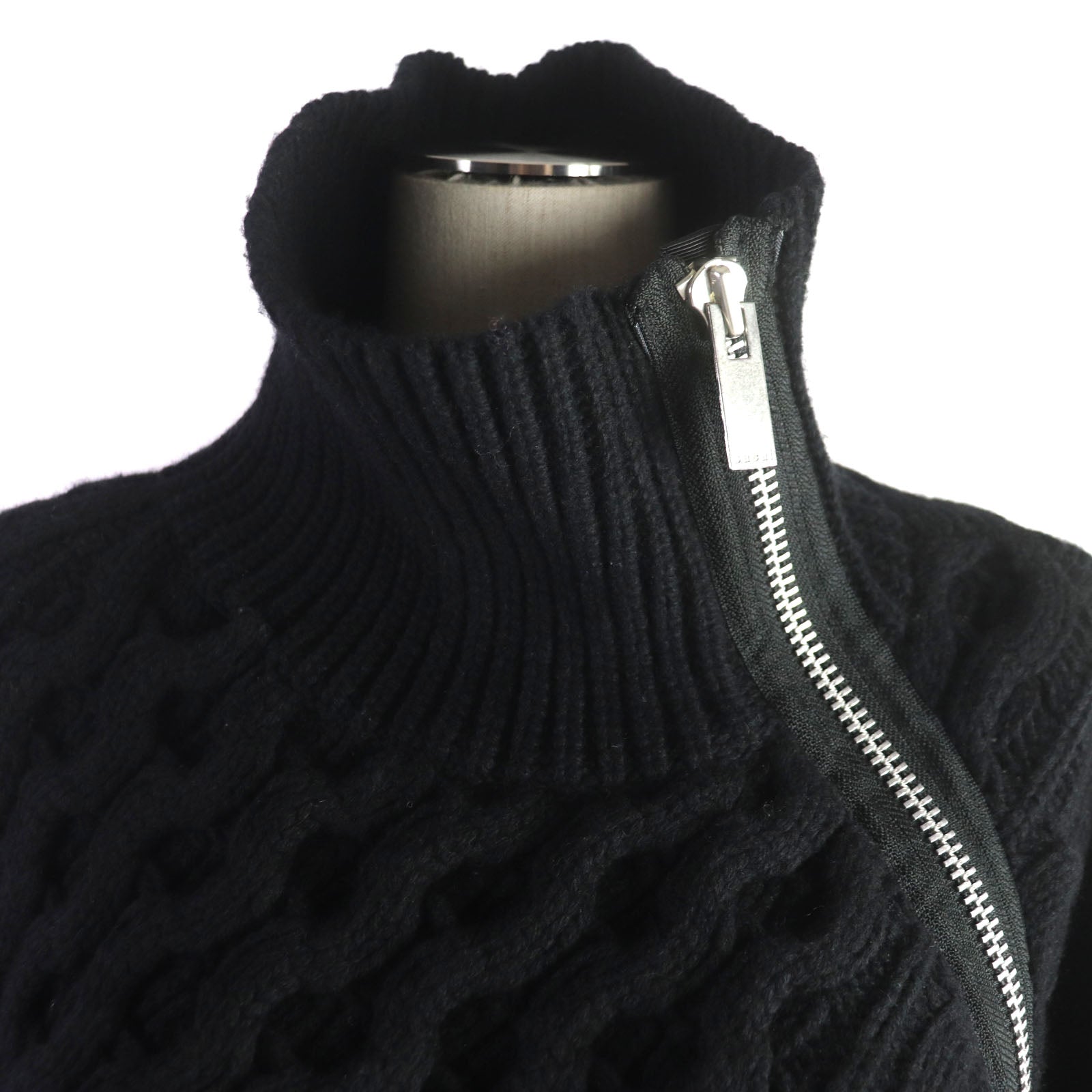 Sacai Wool Cable Knit Asymmetrical Zip Black