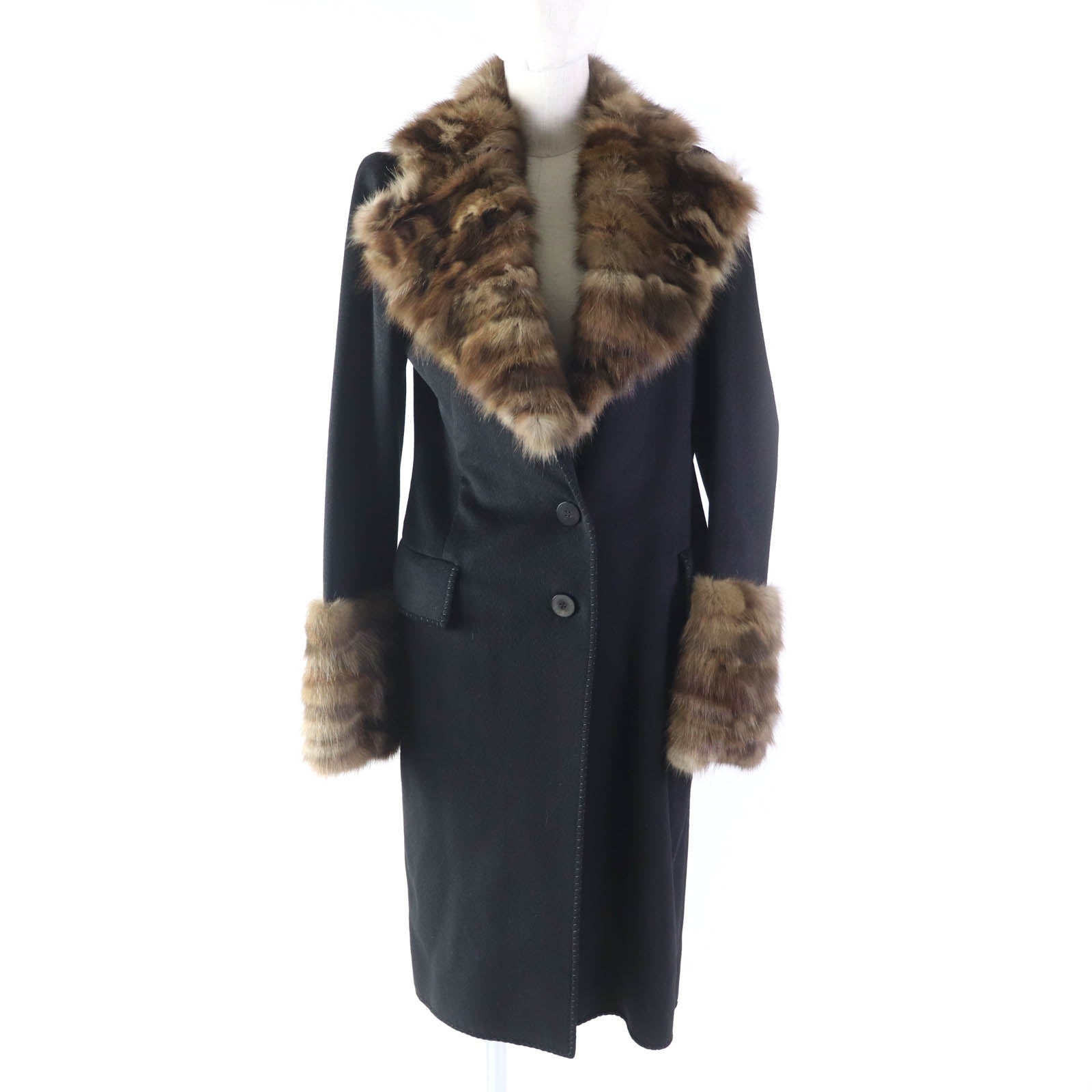 Fendi Wool Cashmere Sable Fur Coat Black Brown