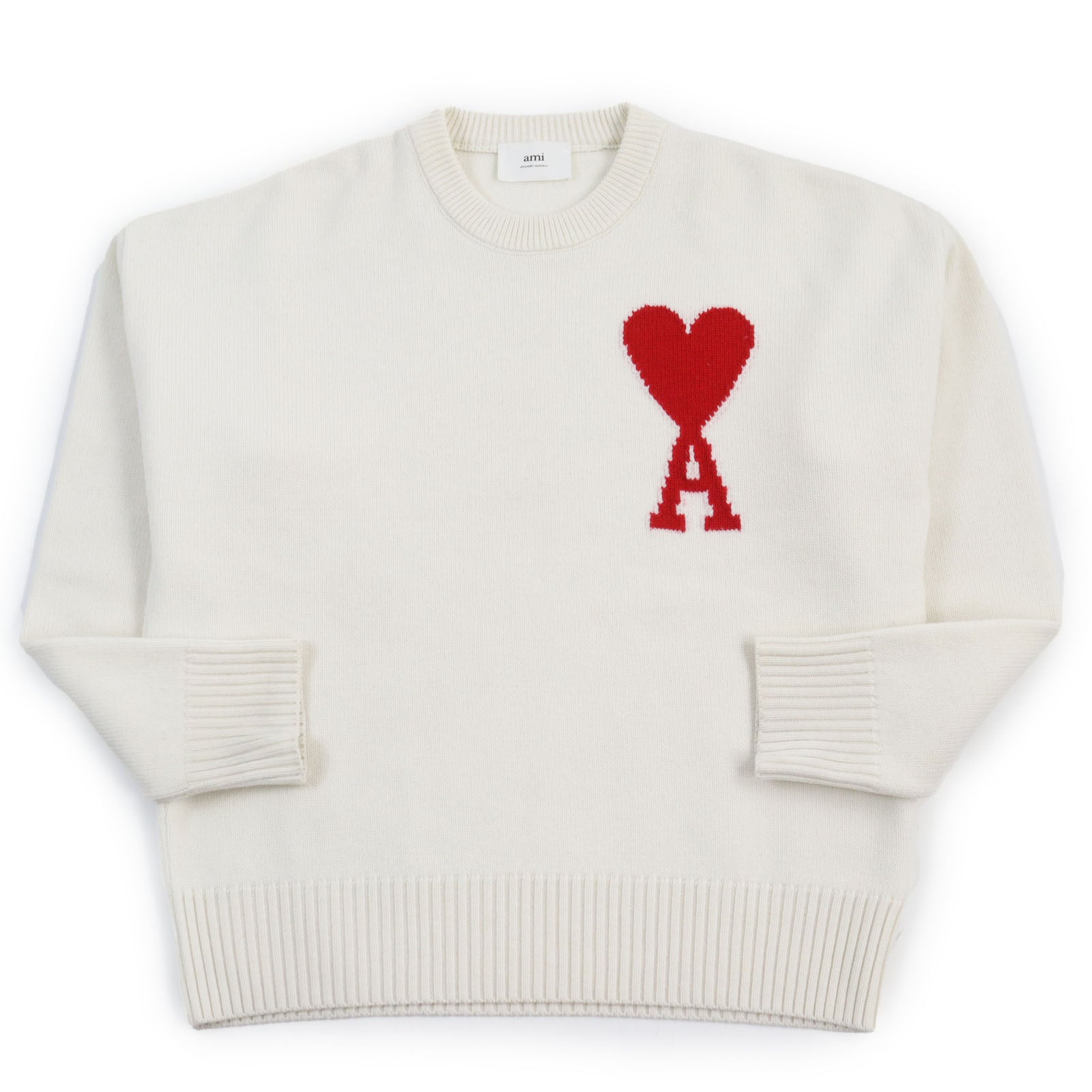 AMI Paris Wool Heart Logo Knit Sweater Ivory M