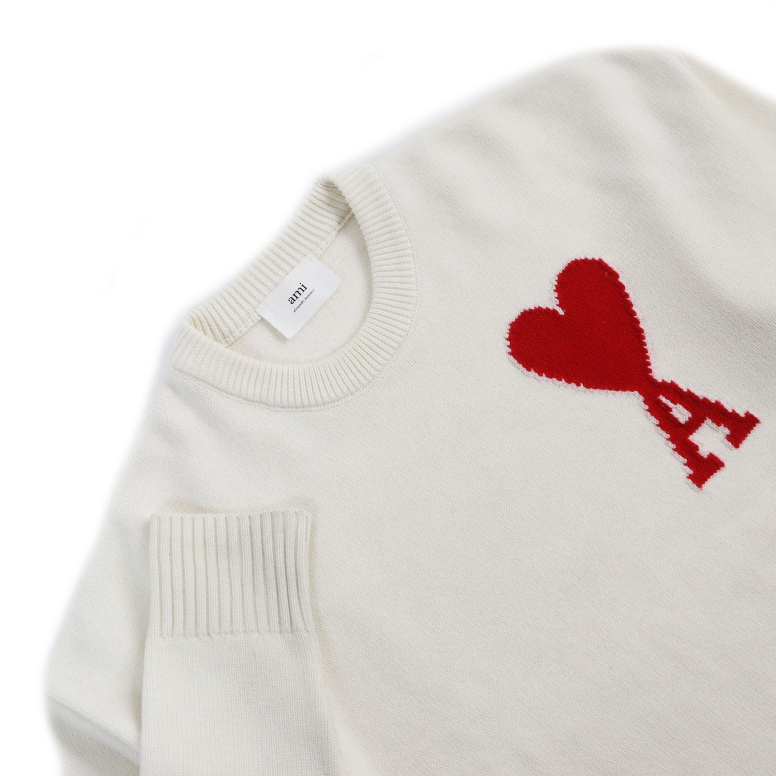 AMI Paris Wool Heart Logo Knit Sweater Ivory M