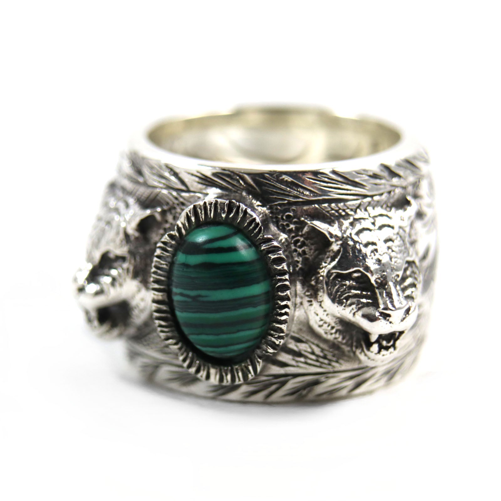 Gucci Malachite Cat Head GG Logo Ring Silver