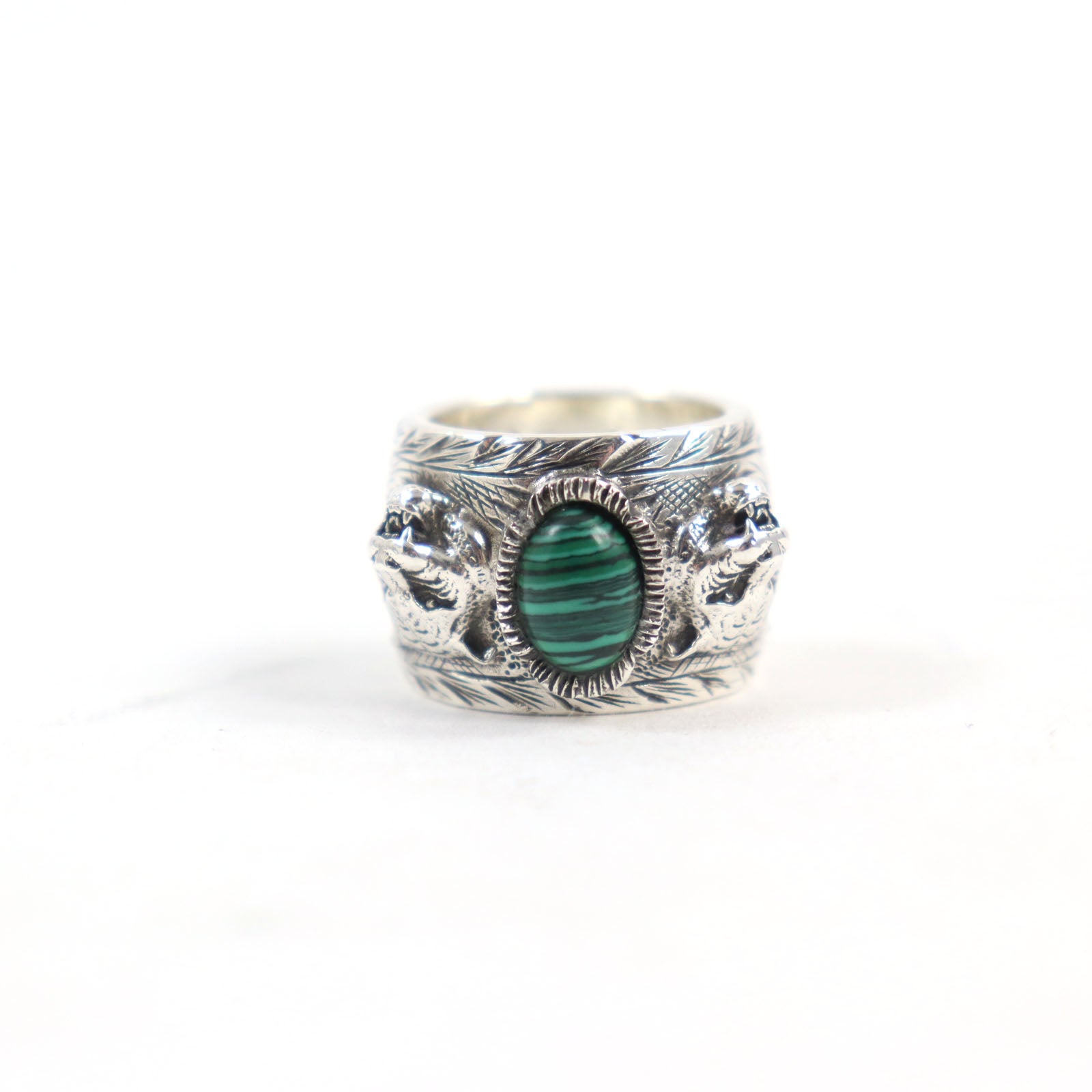 Gucci Malachite Cat Head GG Logo Ring Silver