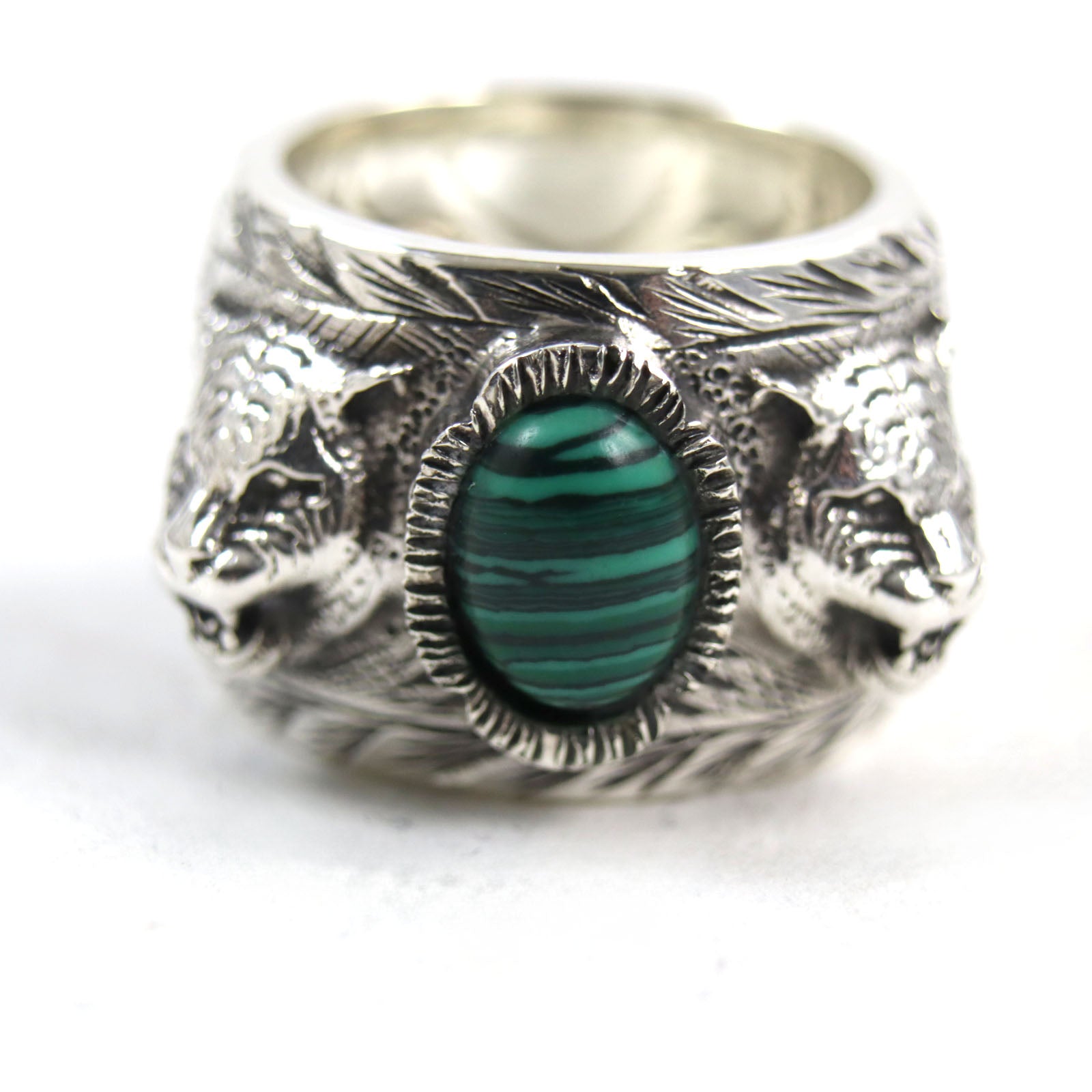 Gucci Malachite Cat Head GG Logo Ring Silver