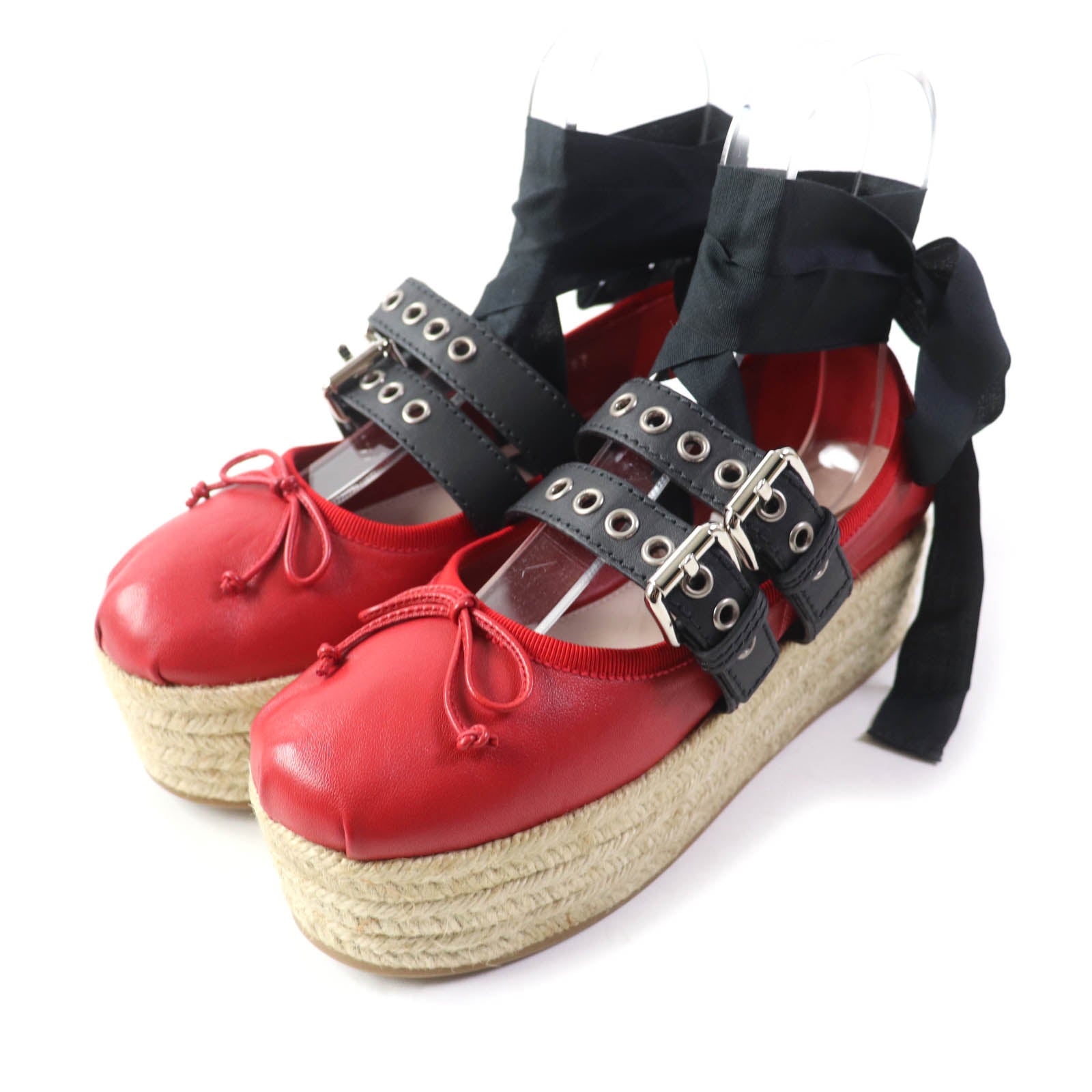 MIUMIU Red Leather Espadrilles with Ribbon