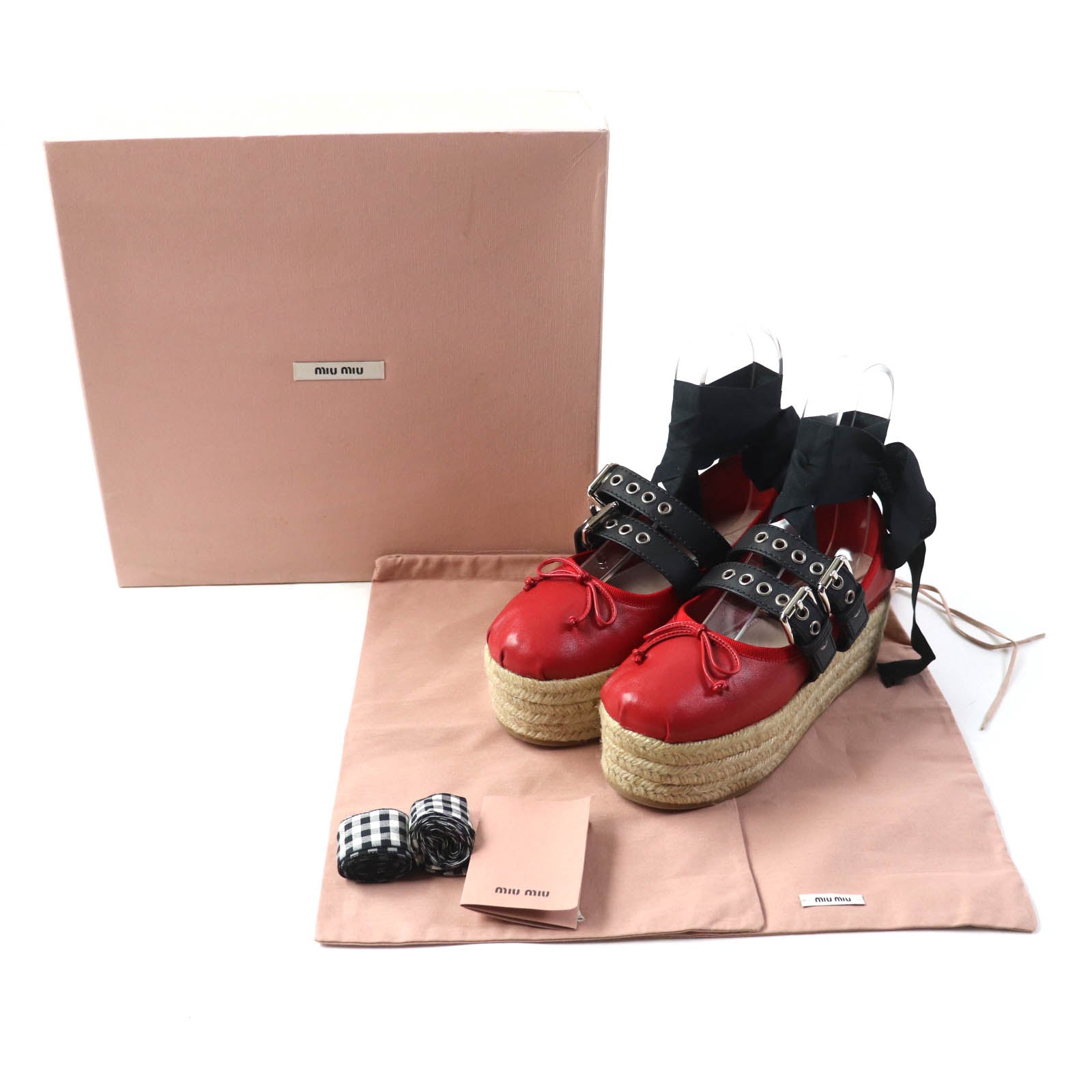 MIUMIU Red Leather Espadrilles with Ribbon