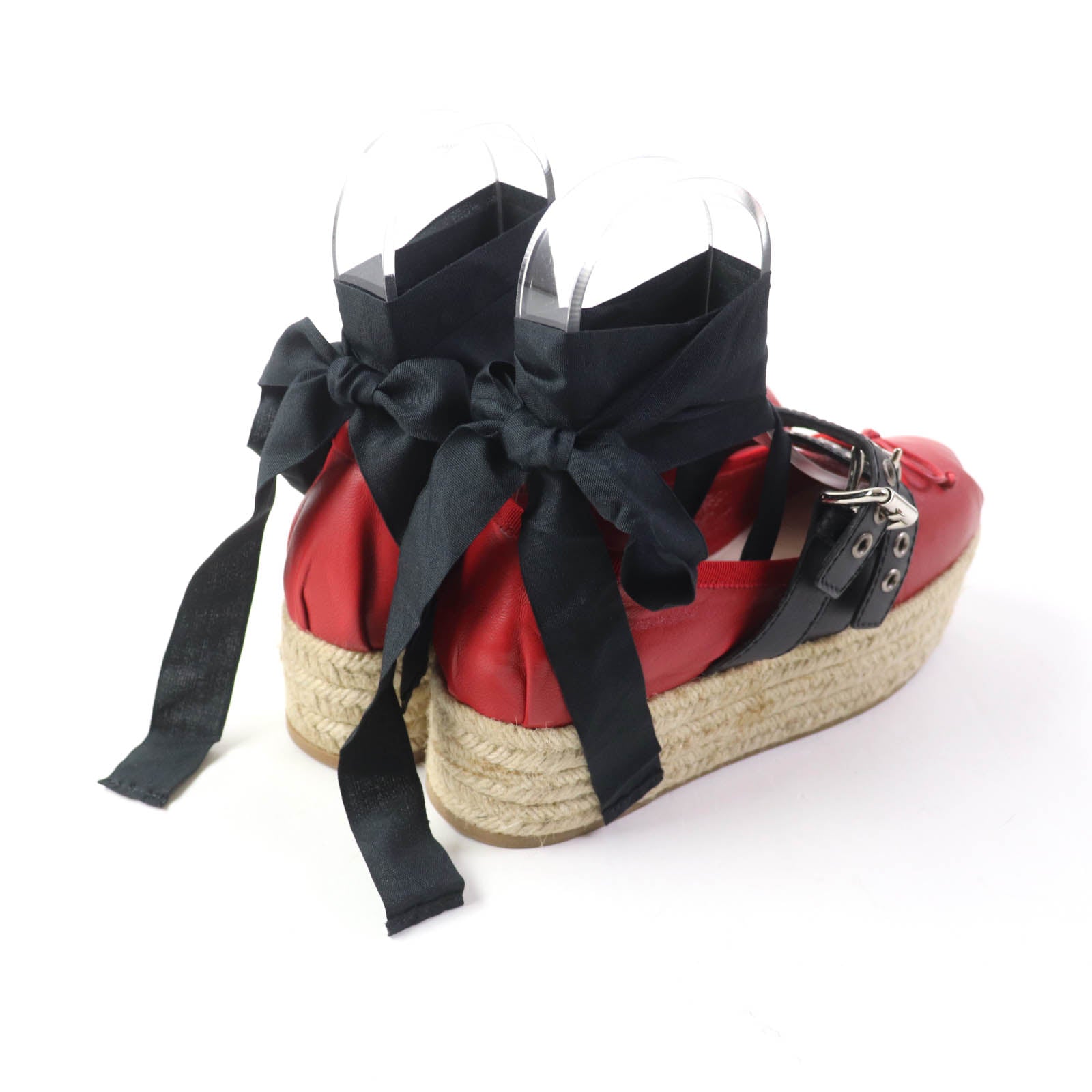 MIUMIU Red Leather Espadrilles with Ribbon