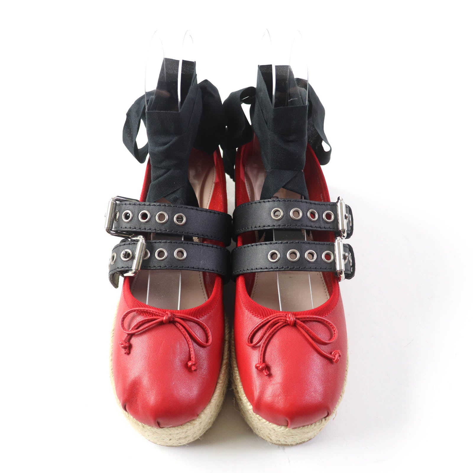 MIUMIU Red Leather Espadrilles with Ribbon