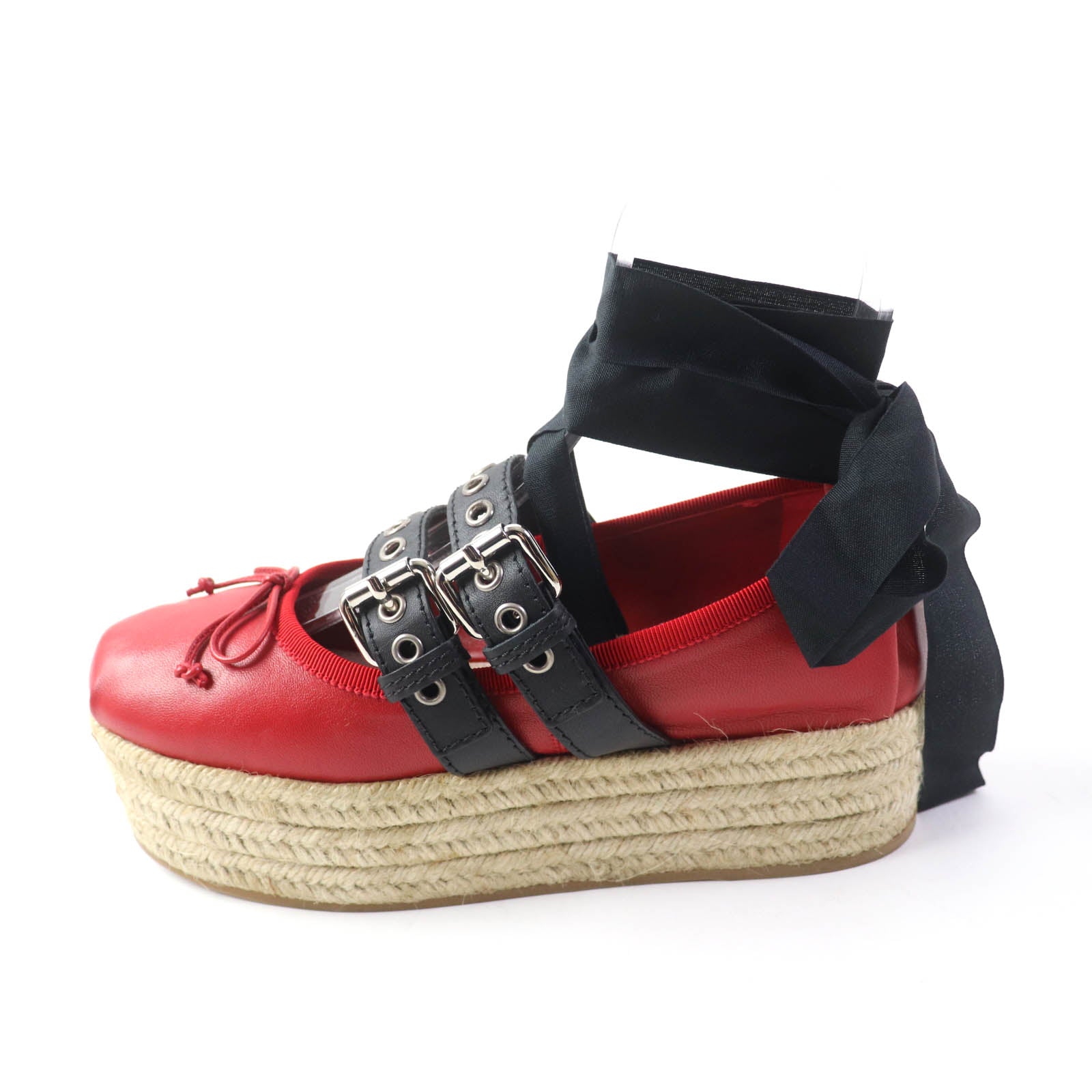 MIUMIU Red Leather Espadrilles with Ribbon