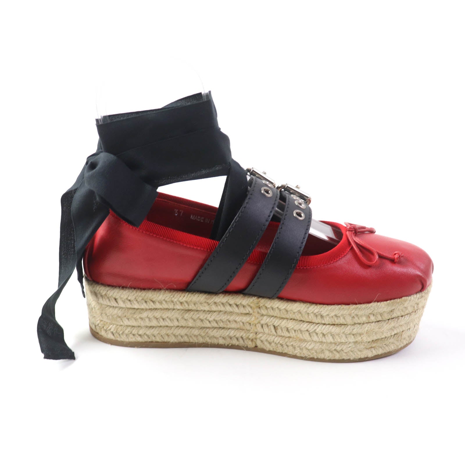 MIUMIU Red Leather Espadrilles with Ribbon