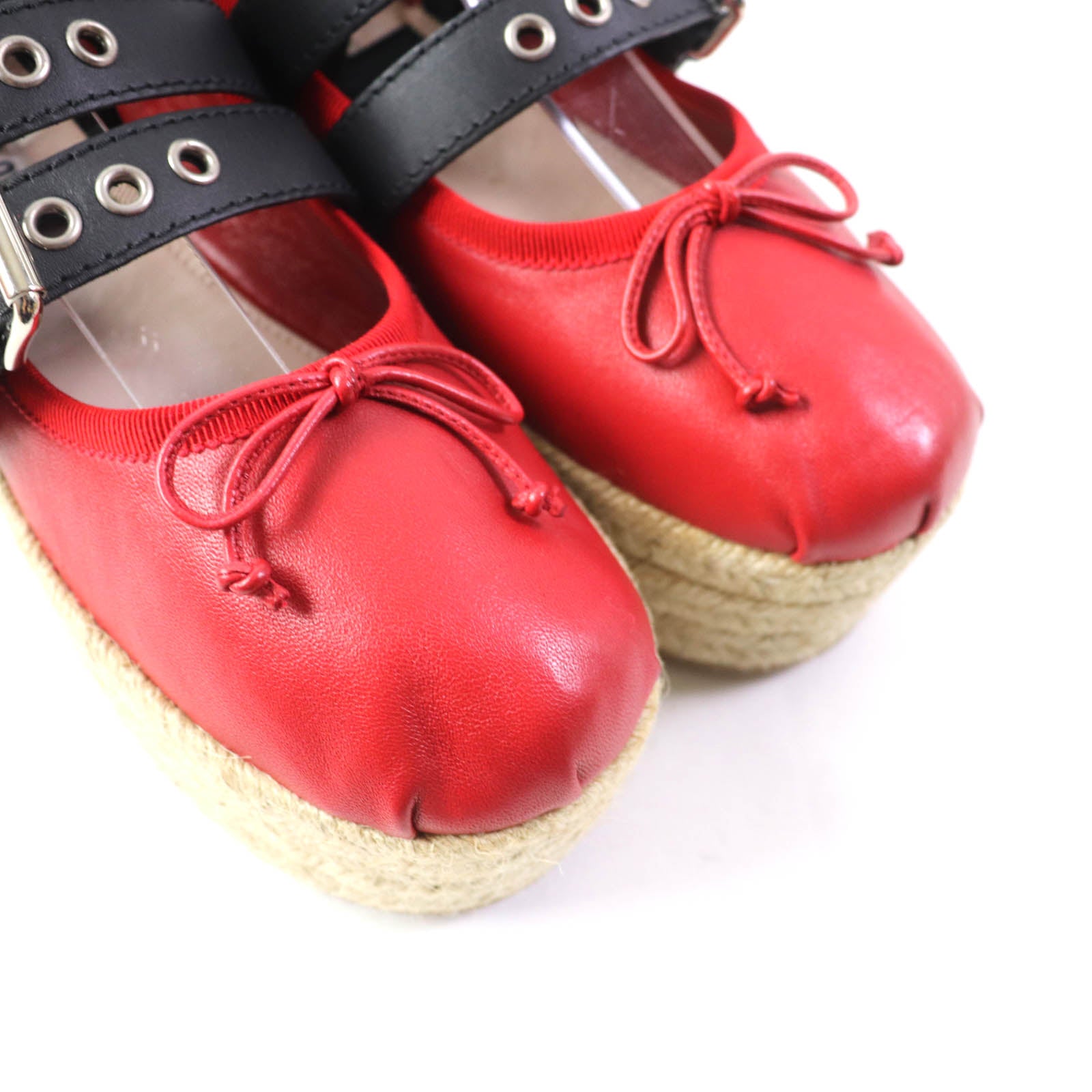 MIUMIU Red Leather Espadrilles with Ribbon