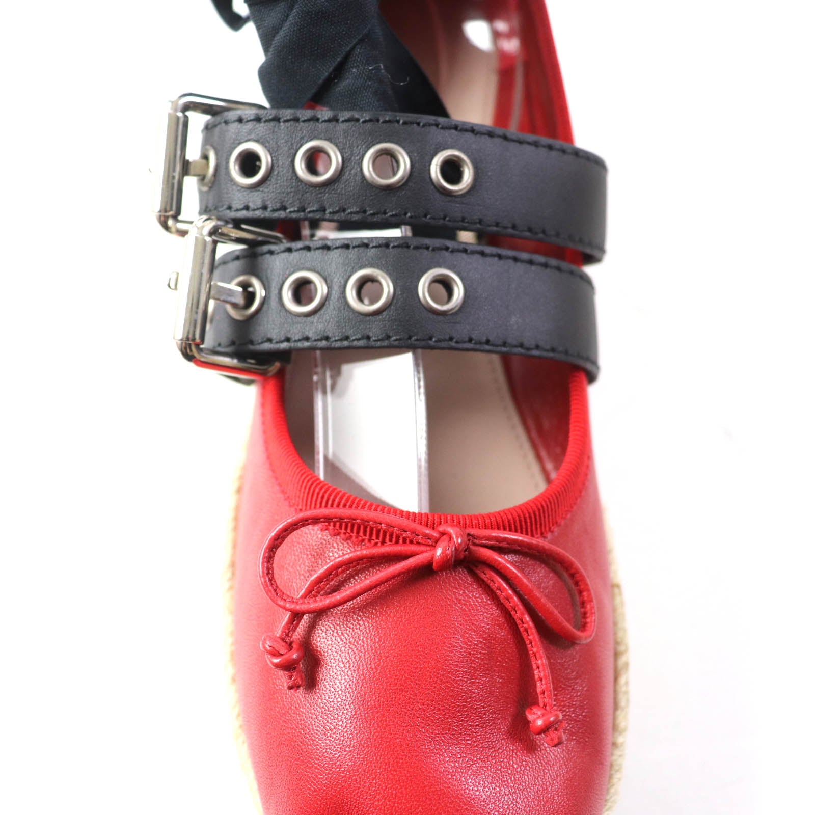 MIUMIU Red Leather Espadrilles with Ribbon