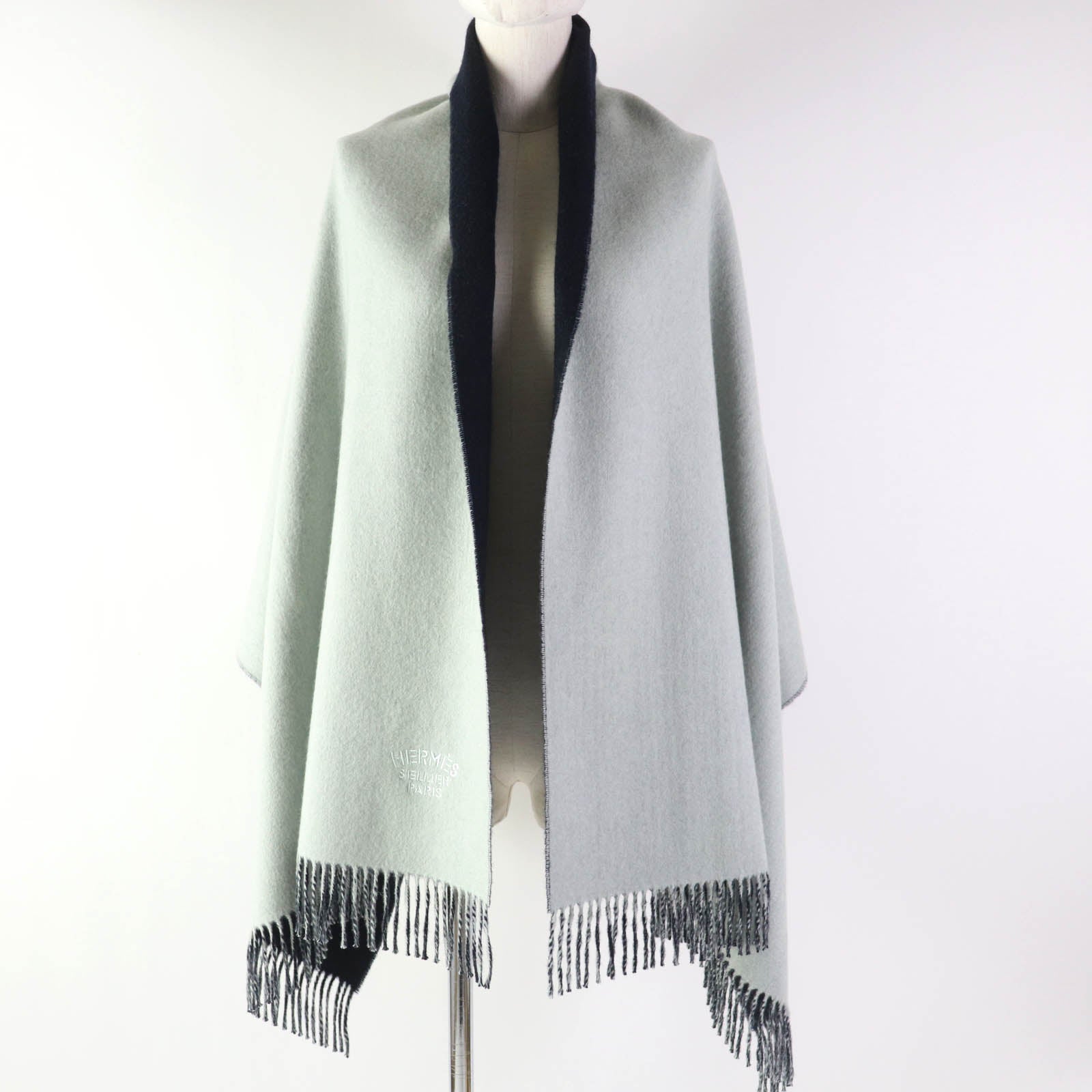 HERMES Cashmere Large Shawl Ice Blue Navy