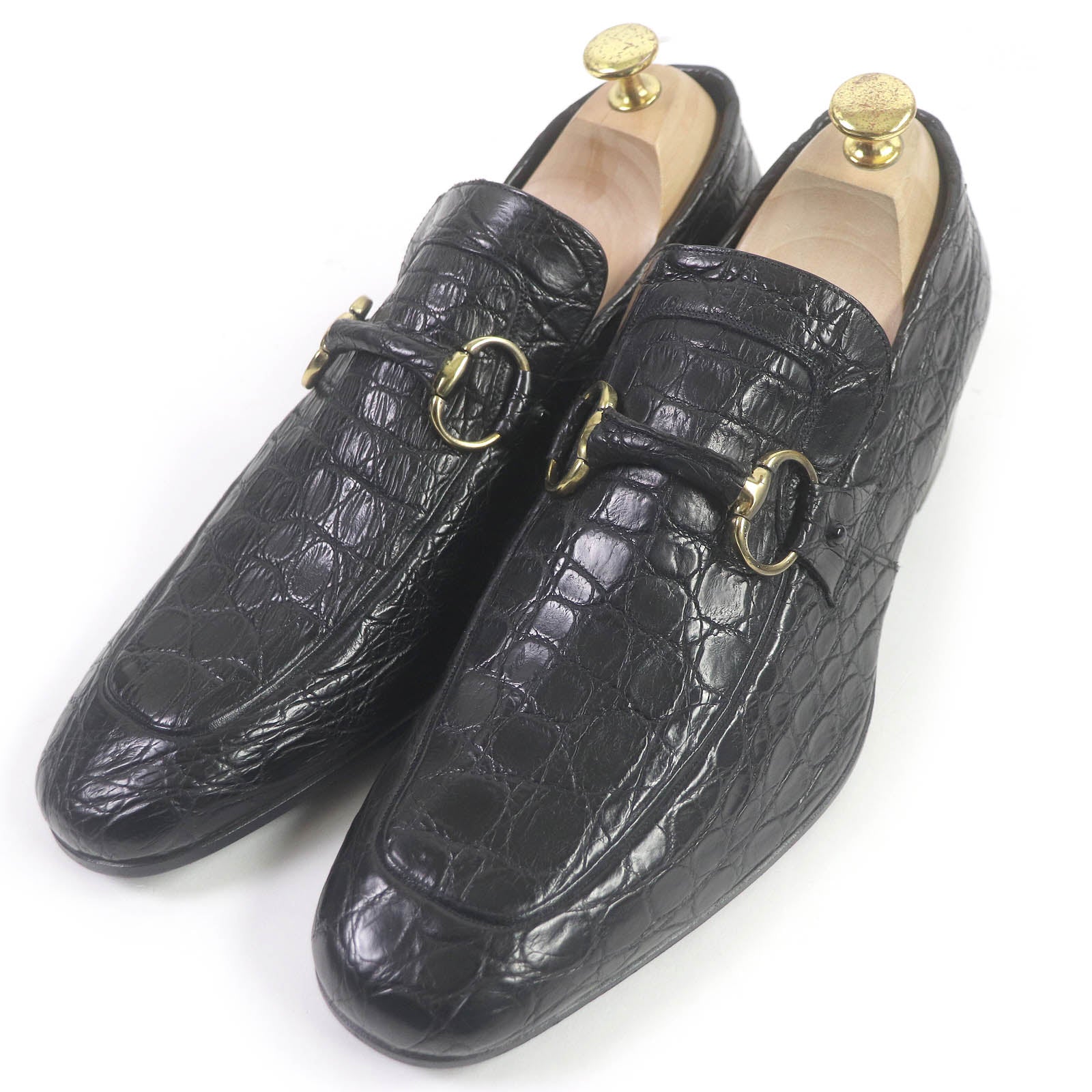 Gucci Horsebit Gold Metal Crocodile Loafers Black 42