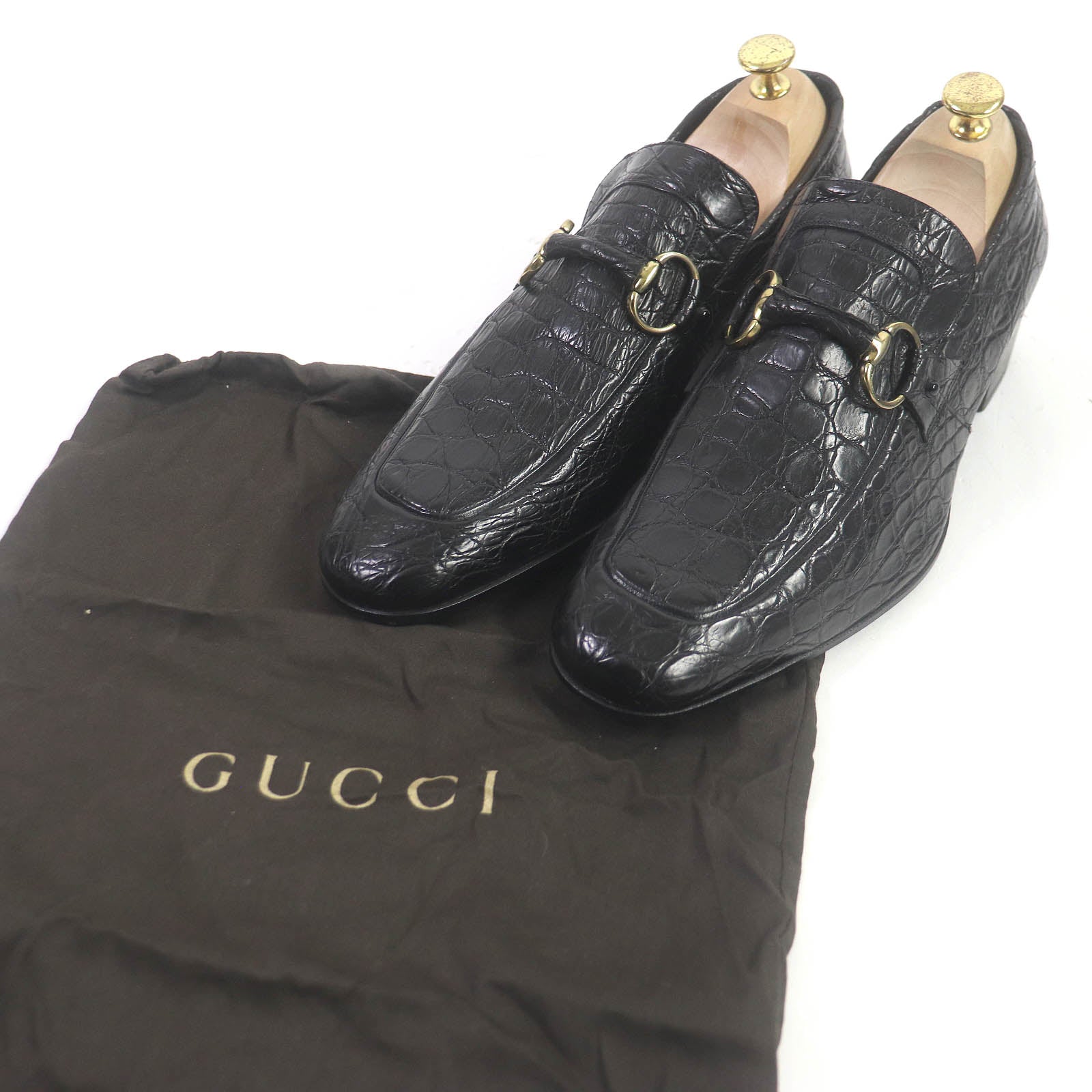 Gucci Horsebit Gold Metal Crocodile Loafers Black 42