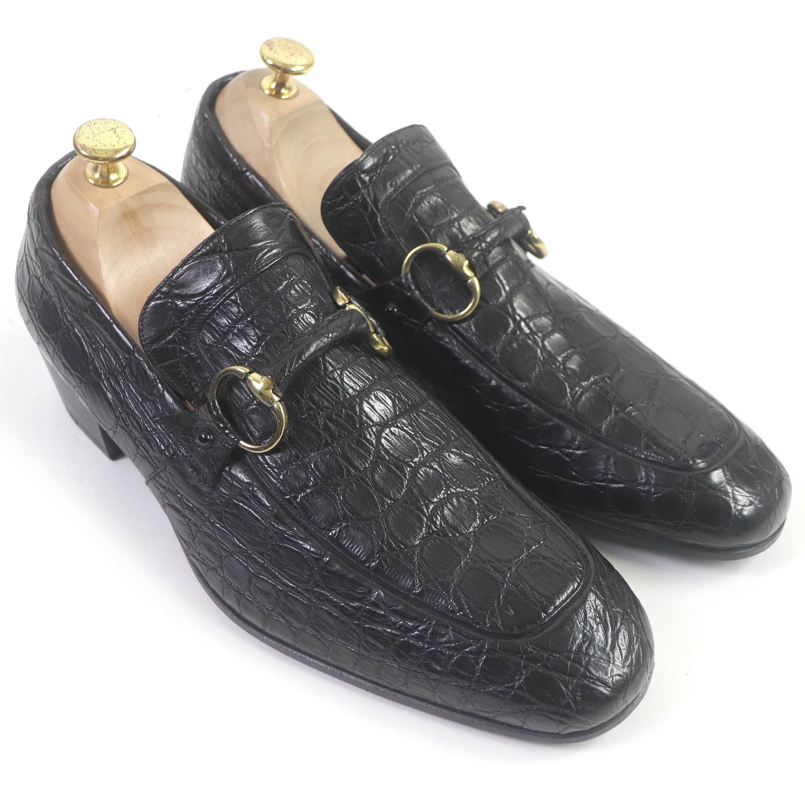 Gucci Horsebit Gold Metal Crocodile Loafers Black 42