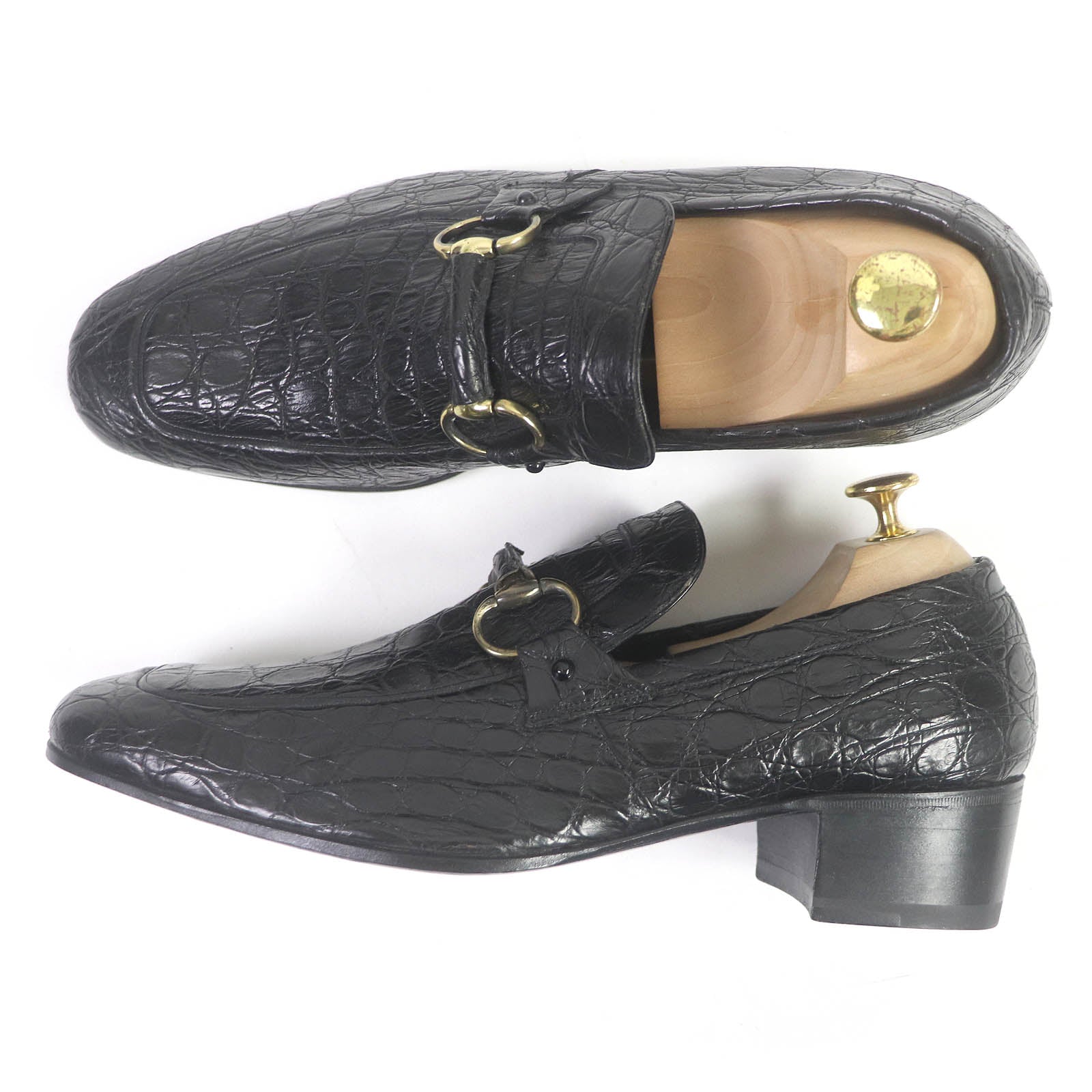 Gucci Horsebit Gold Metal Crocodile Loafers Black 42