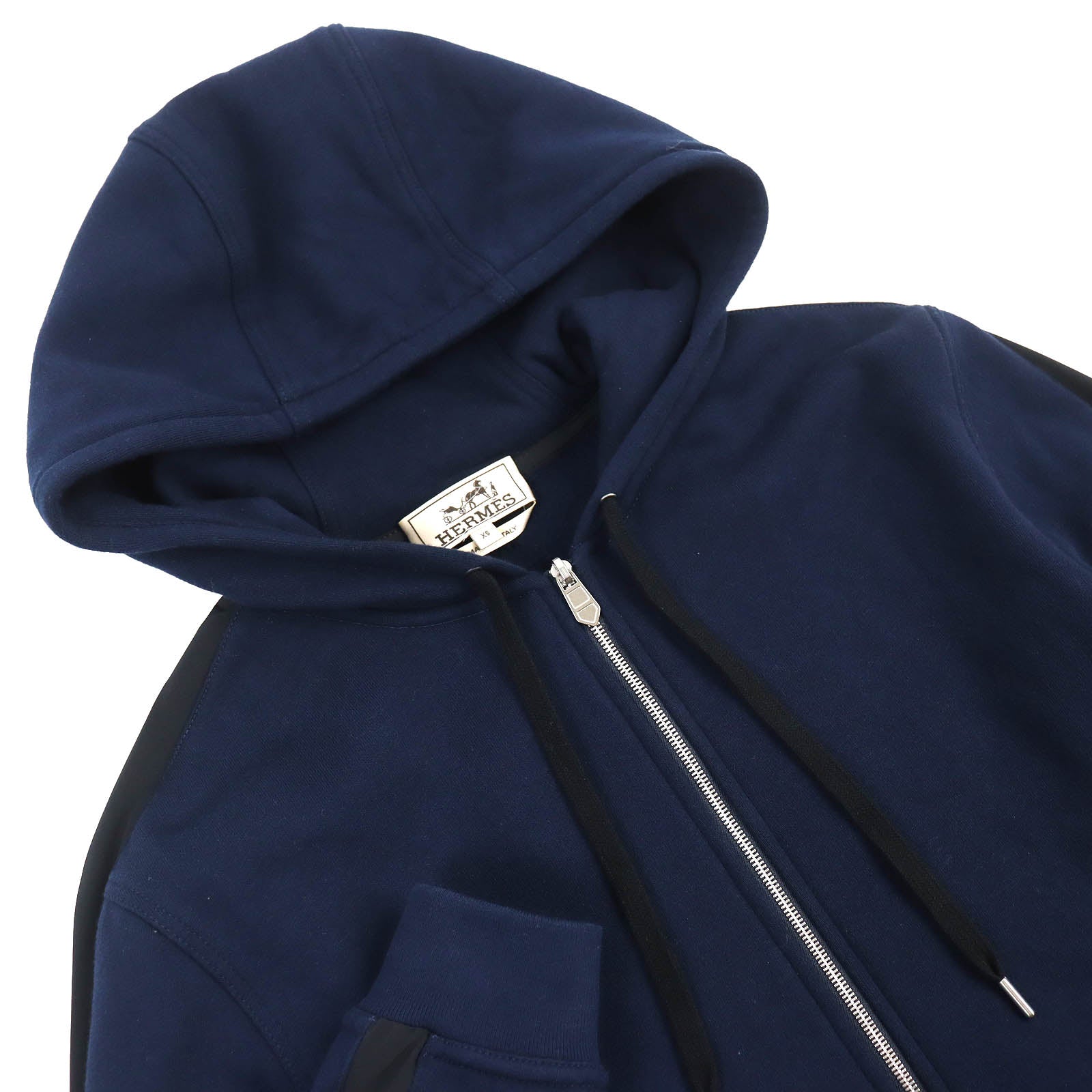 HERMES Cotton Fleece Zip Hoodie Navy XS