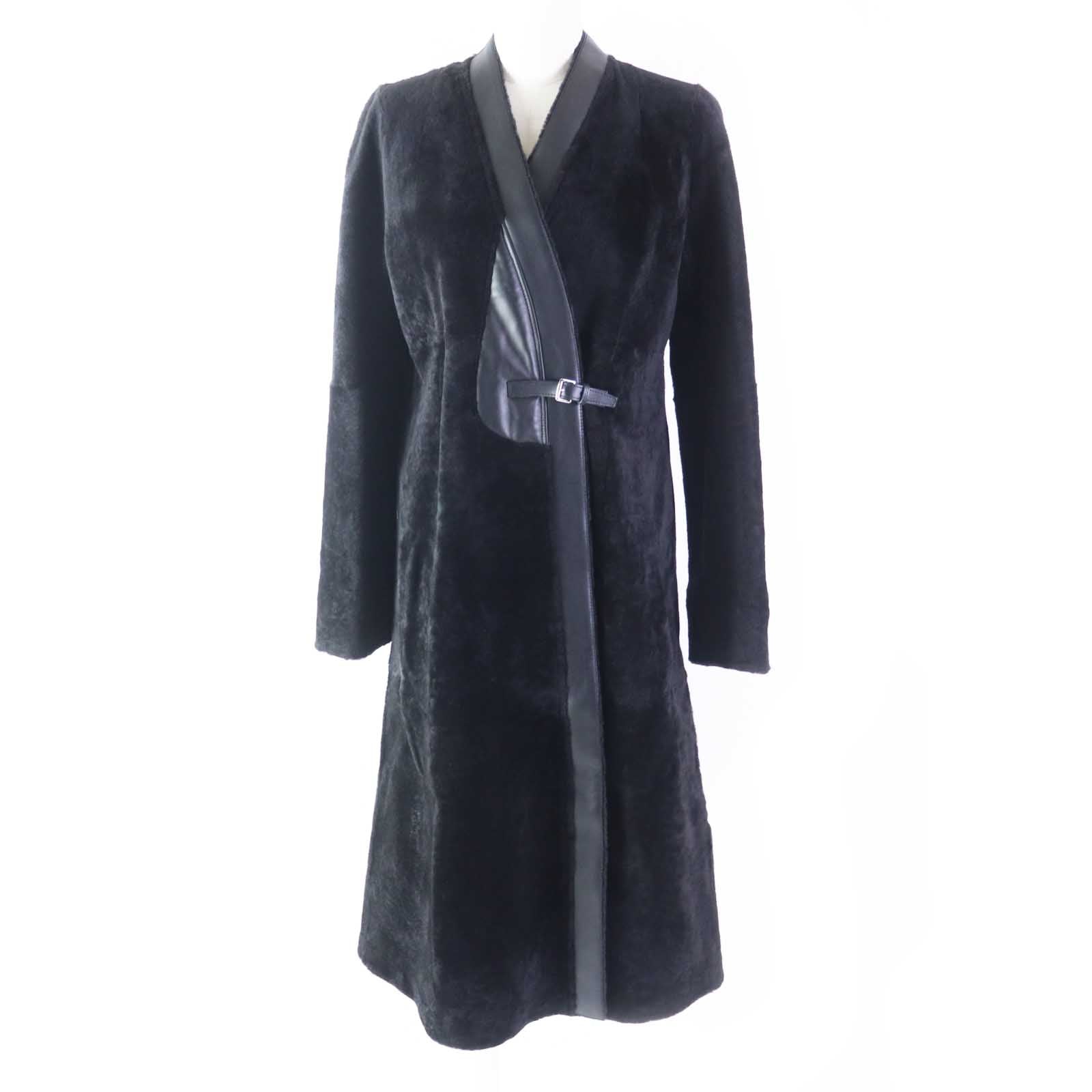 HERMES Mouton Leather Coat Black 36 Women