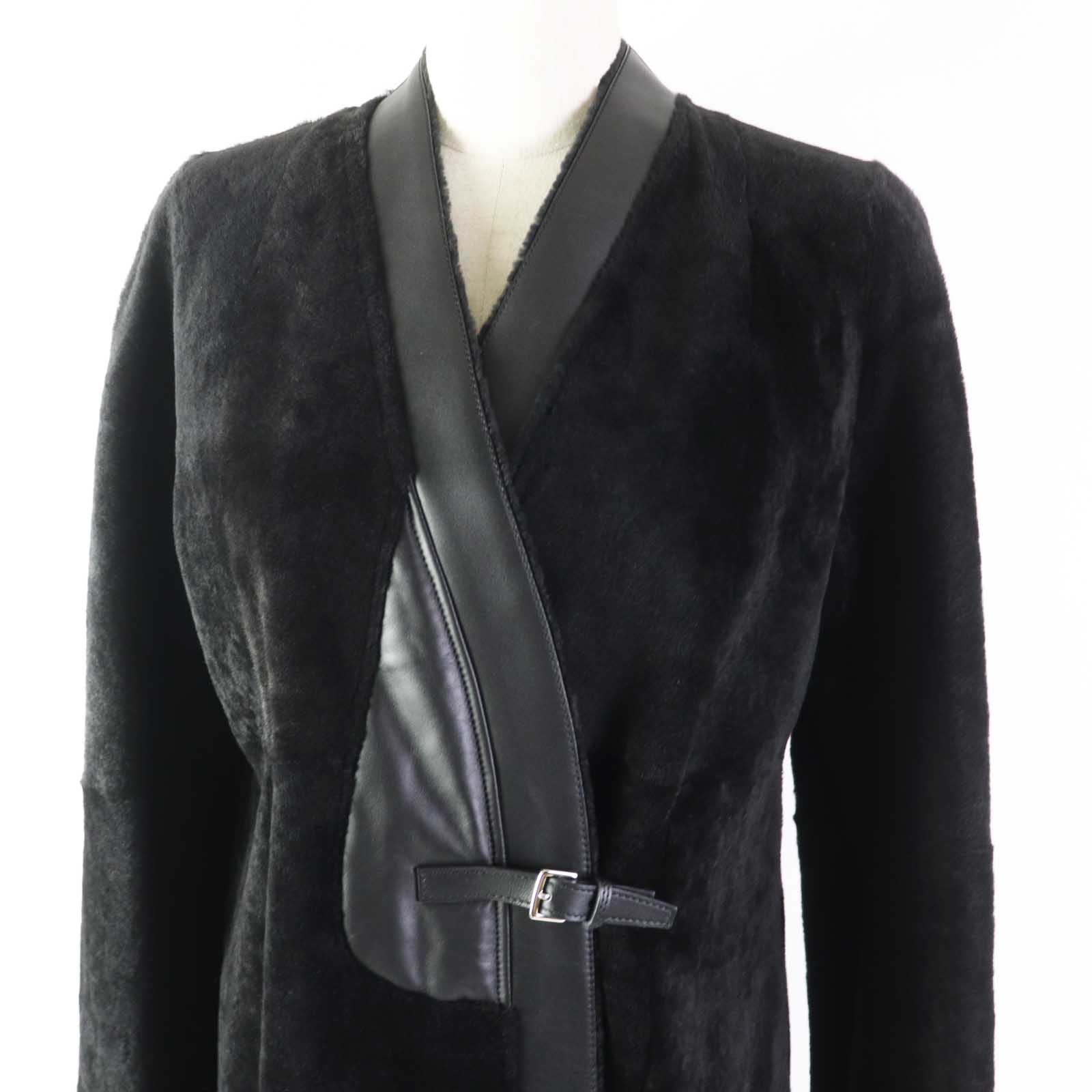 HERMES Mouton Leather Coat Black 36 Women