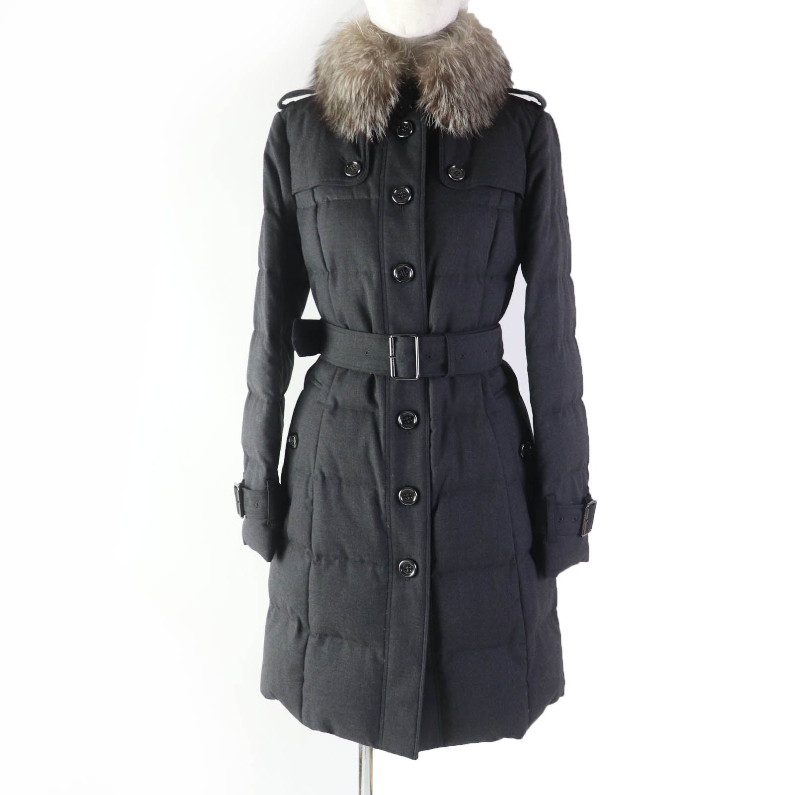 Burberry Wool Coat with Fox Fur Collar, Logo Button, Dark Gray