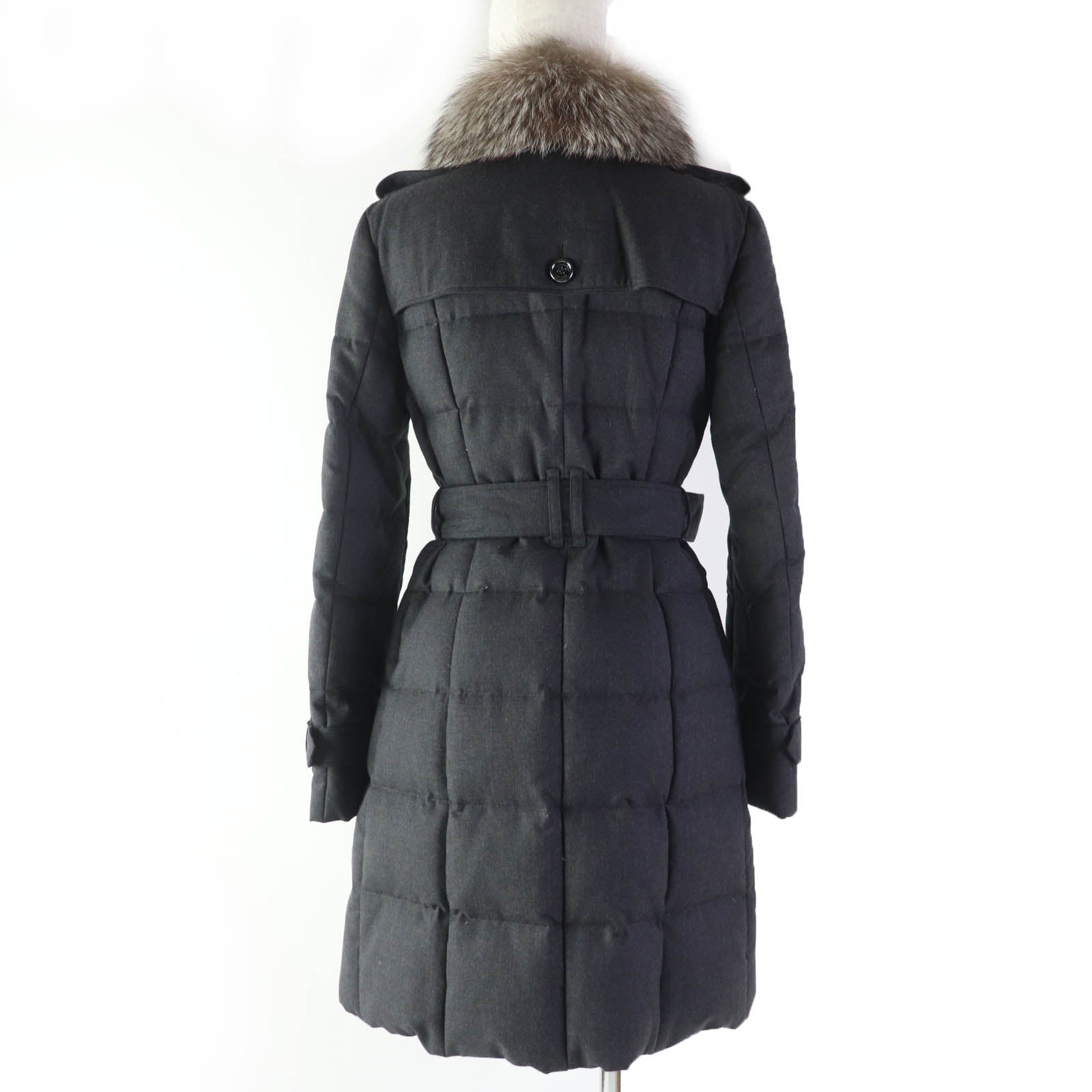 Burberry Wool Coat with Fox Fur Collar, Logo Button, Dark Gray