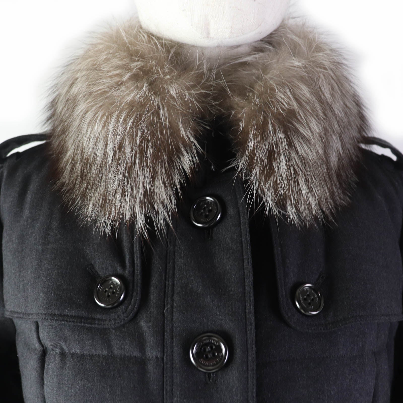 Burberry Wool Coat with Fox Fur Collar, Logo Button, Dark Gray