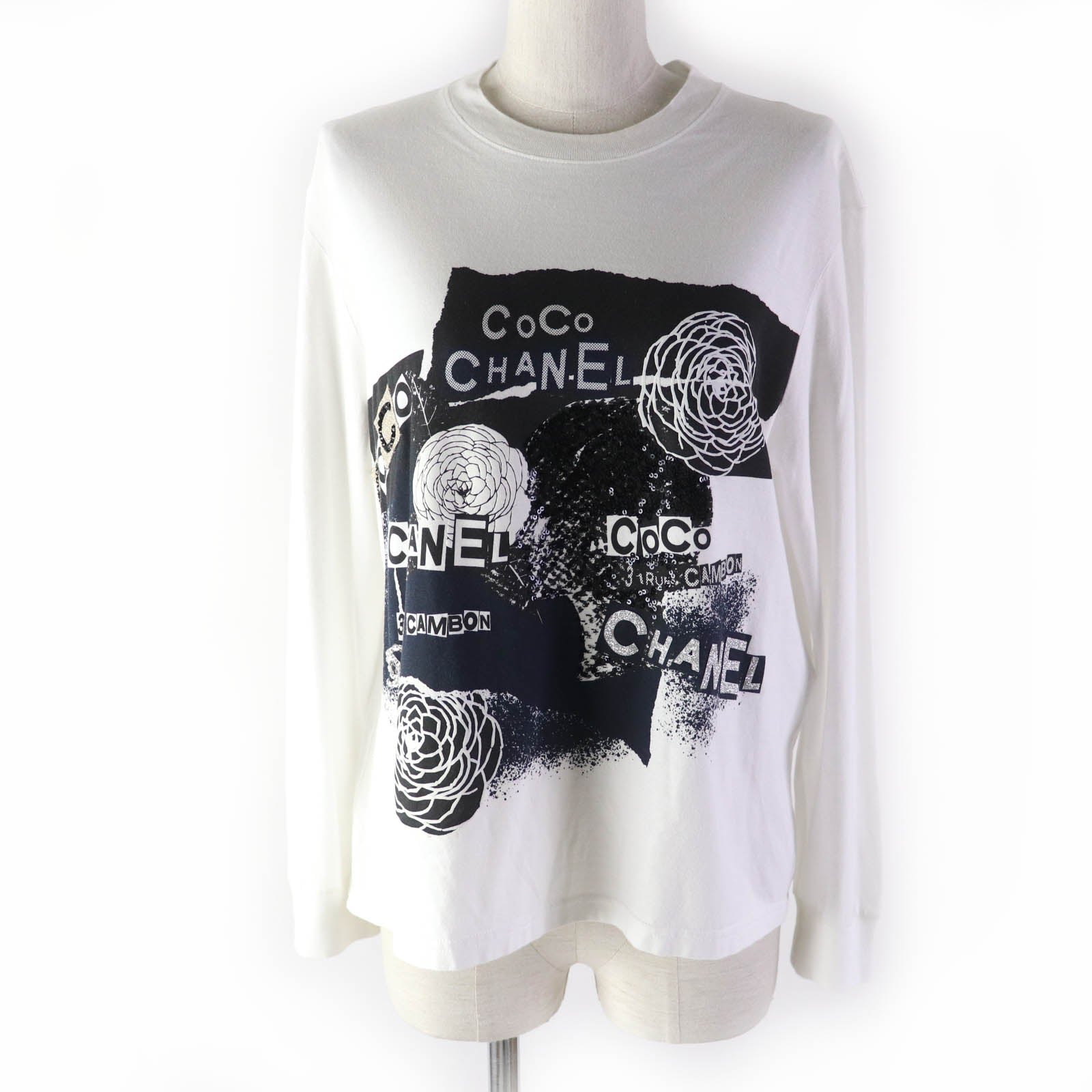 Chanel Cotton Sequin Camellia Logo Long Sleeve Tee