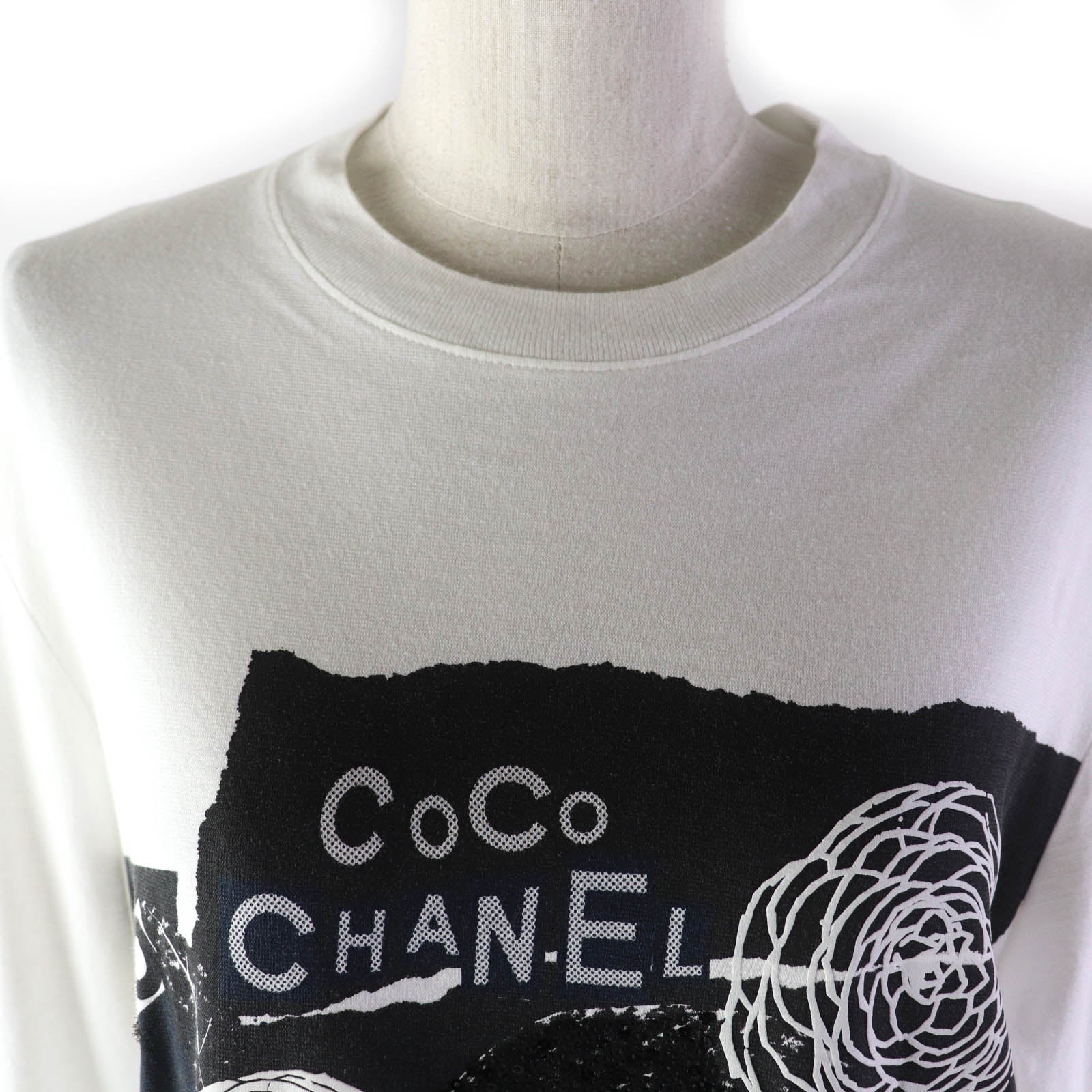 Chanel Cotton Sequin Camellia Logo Long Sleeve Tee