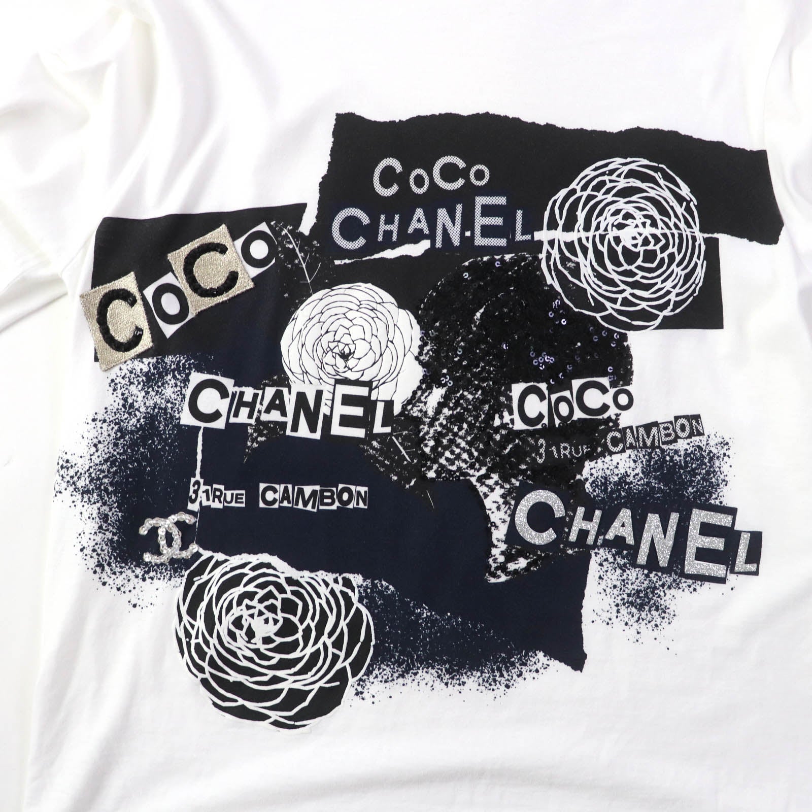 Chanel Cotton Sequin Camellia Logo Long Sleeve Tee