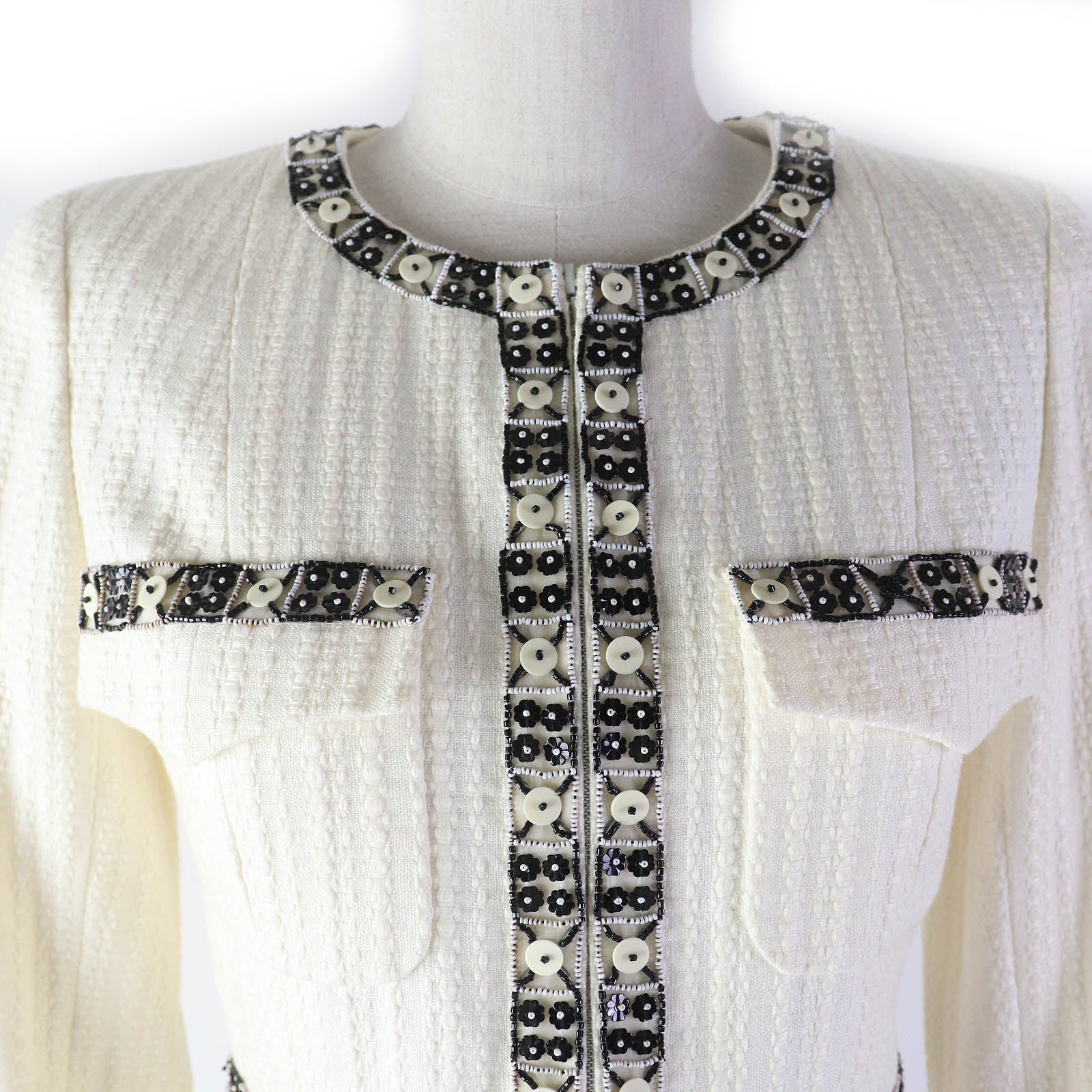 Chanel Beaded Zip-Up Collarless Jacket 34