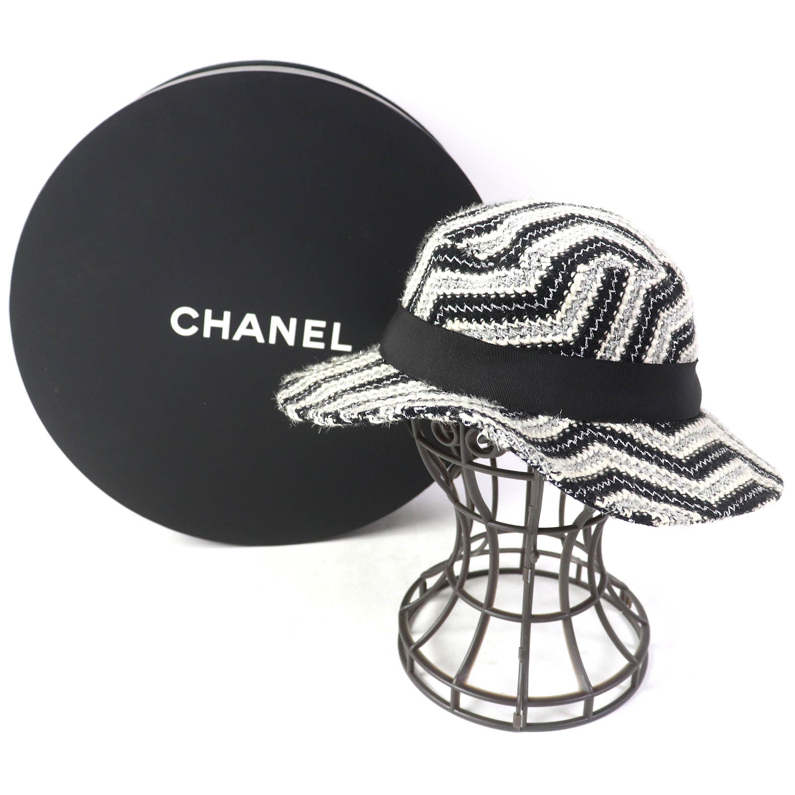 Chanel Vintage Glitter Tweed Hat Black White Silver