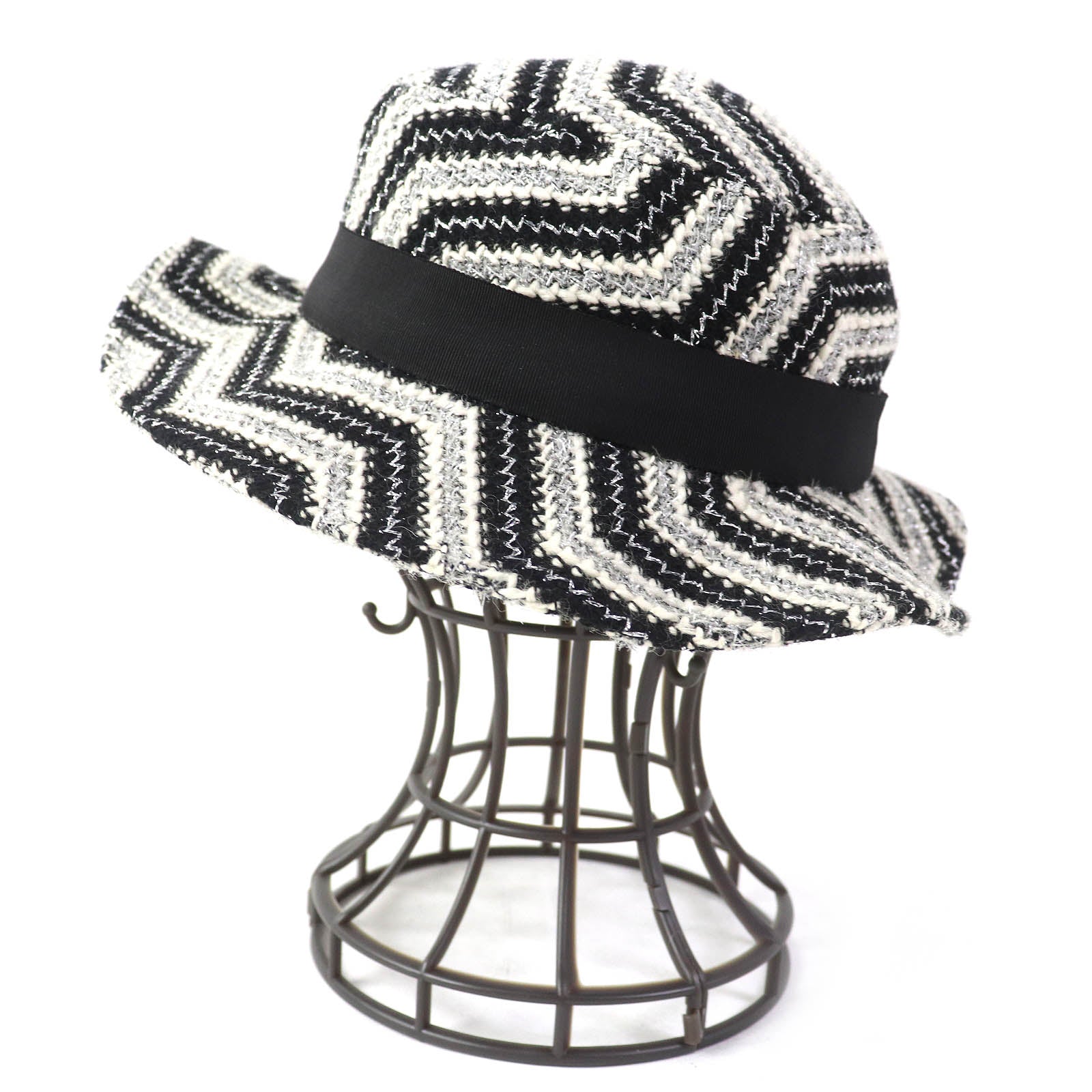 Chanel Vintage Glitter Tweed Hat Black White Silver