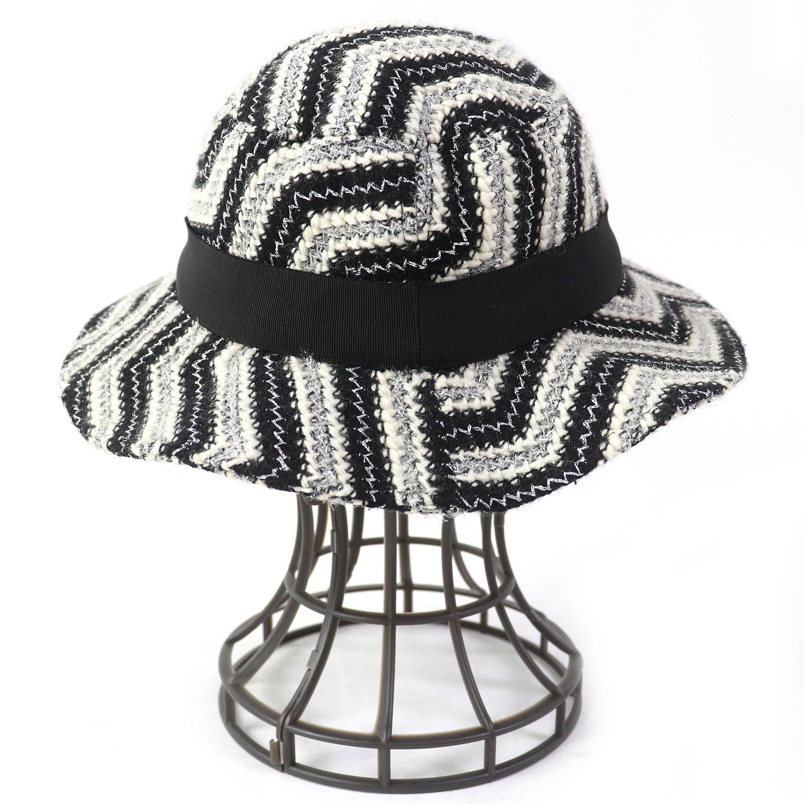 Chanel Vintage Glitter Tweed Hat Black White Silver