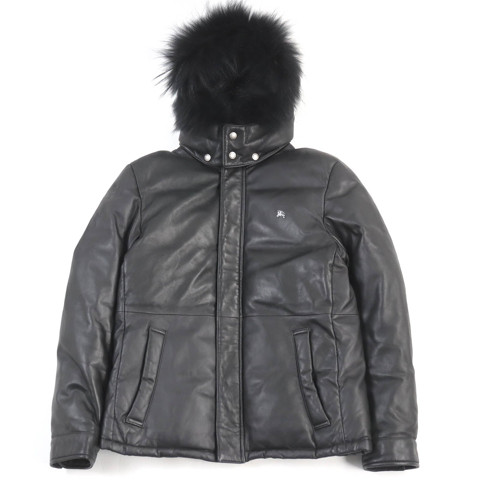 Burberry Lamb Leather Down Jacket with Silver Fox Fur Hood Black M