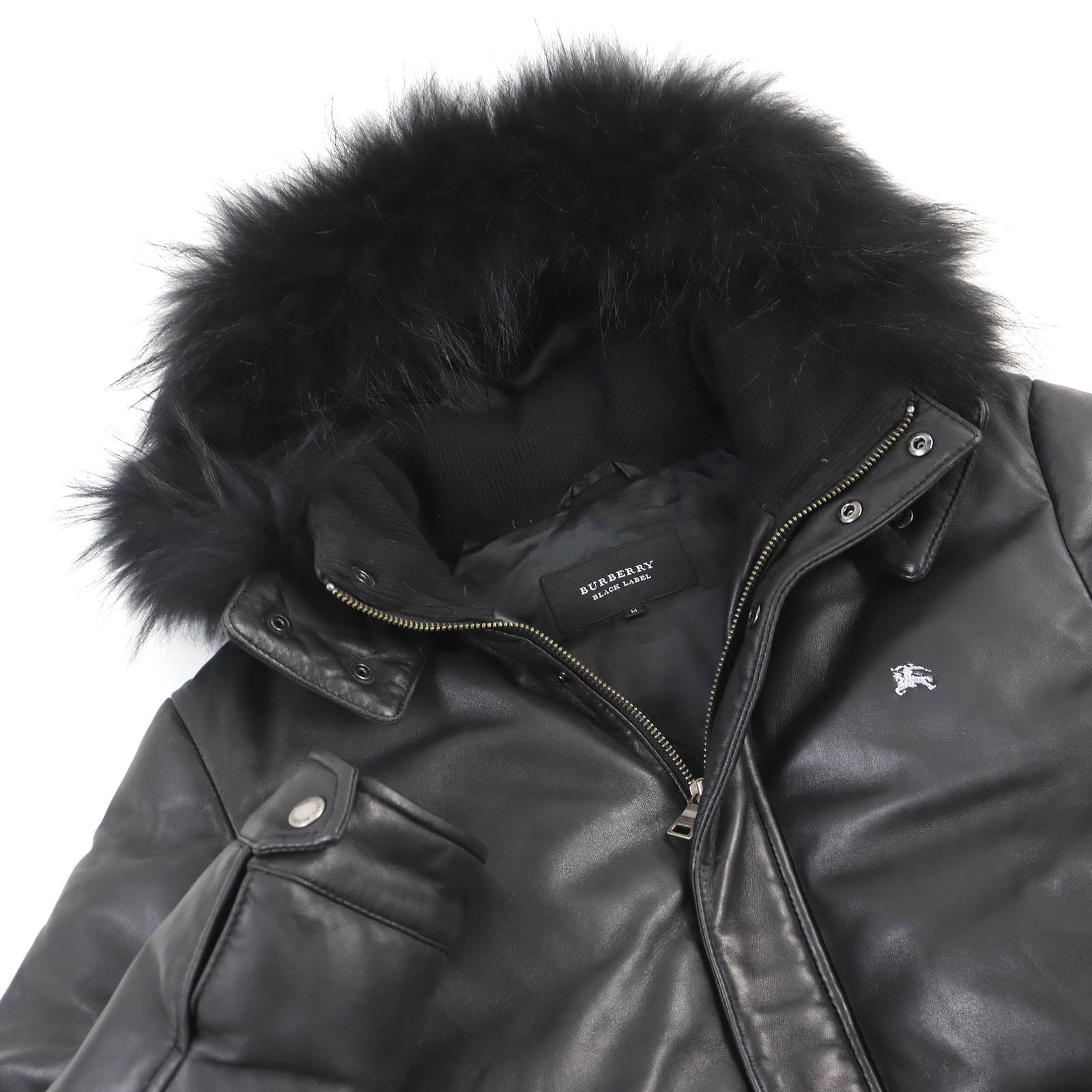 Burberry Lamb Leather Down Jacket with Silver Fox Fur Hood Black M