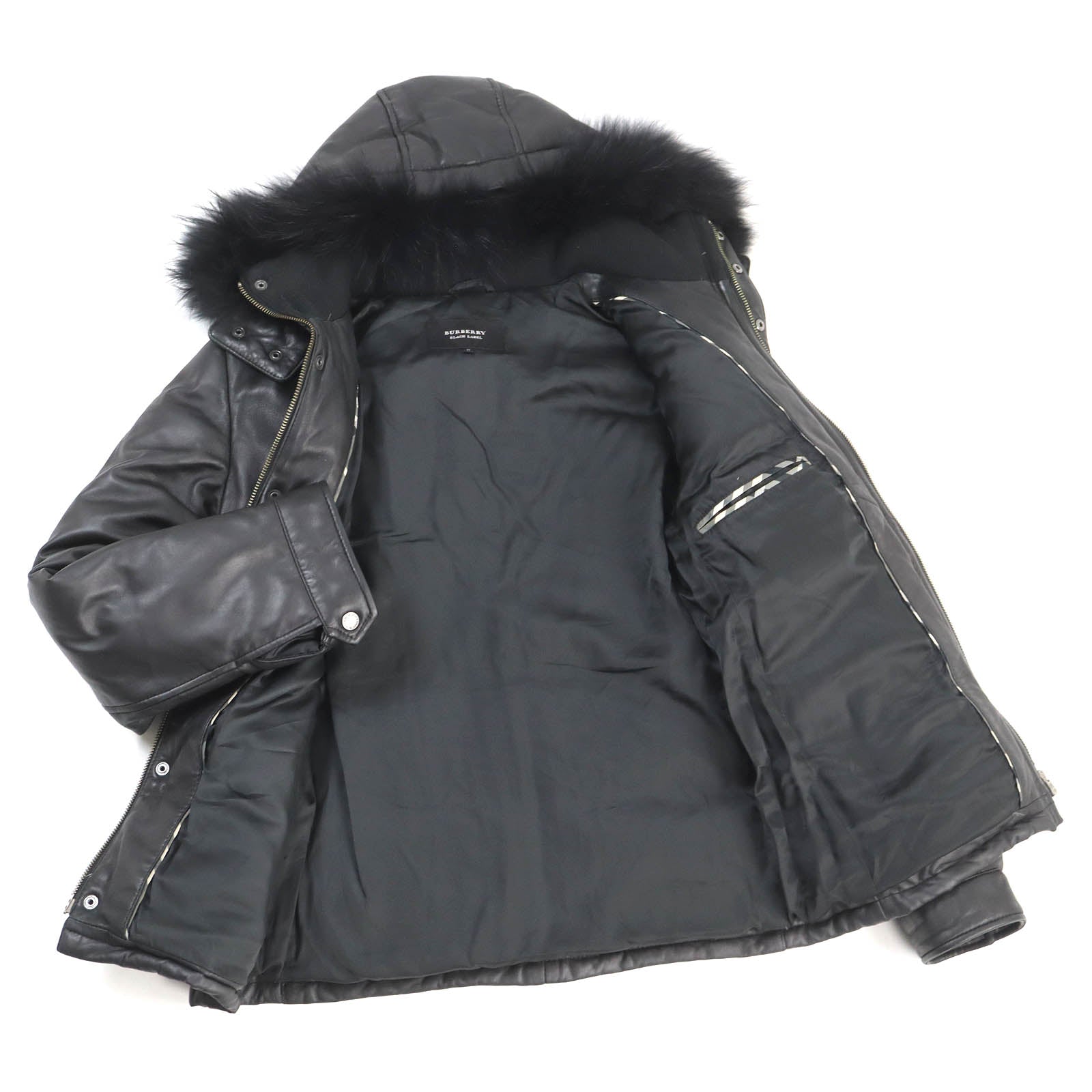 Burberry Lamb Leather Down Jacket with Silver Fox Fur Hood Black M