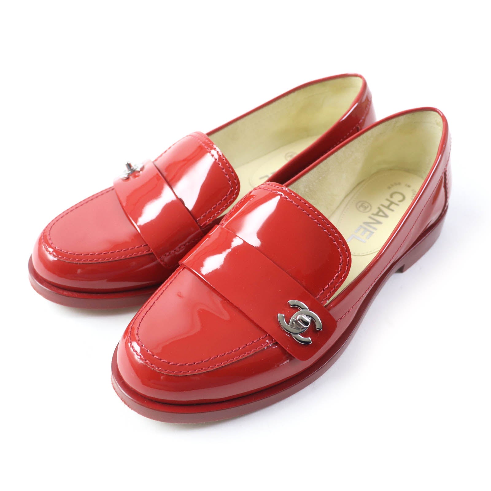 Chanel Patent Leather Loafers Red Silver 35 1/2C