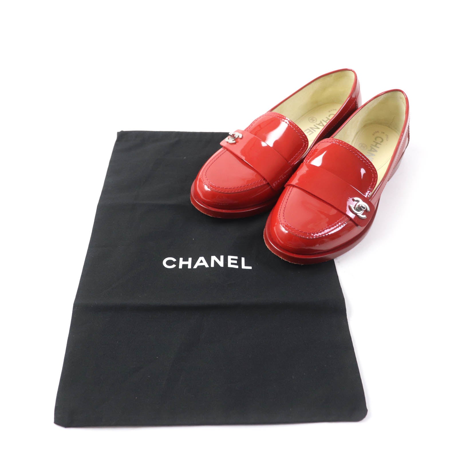 Chanel Patent Leather Loafers Red Silver 35 1/2C