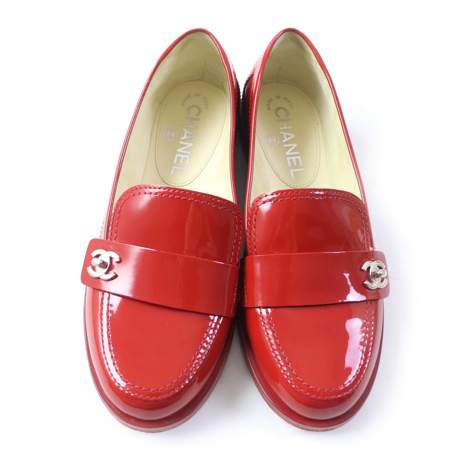 Chanel Patent Leather Loafers Red Silver 35 1/2C