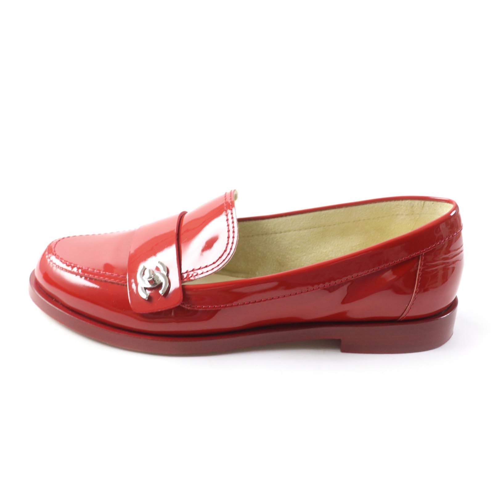 Chanel Patent Leather Loafers Red Silver 35 1/2C