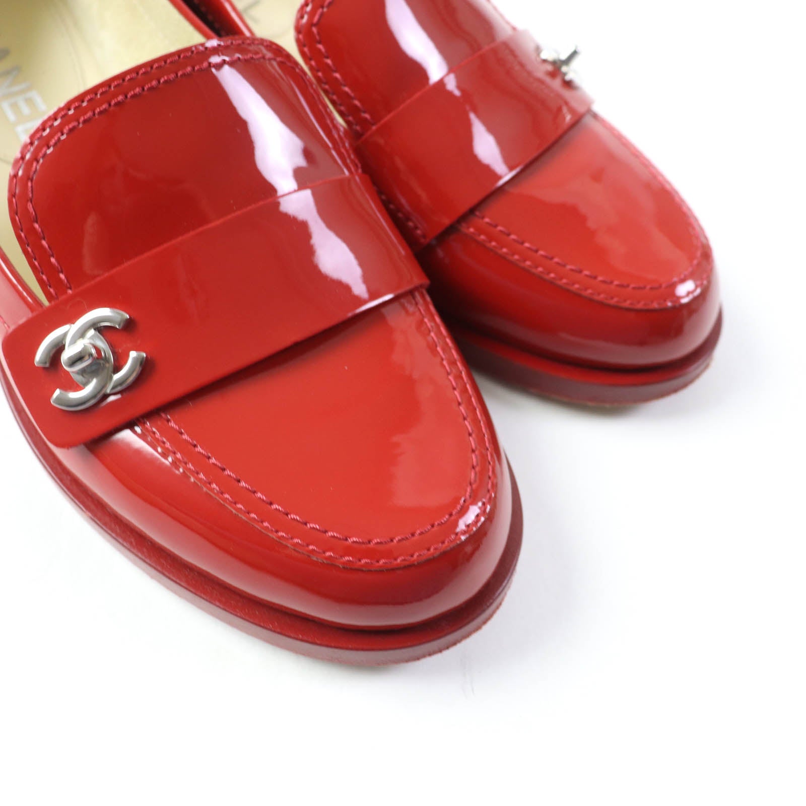 Chanel Patent Leather Loafers Red Silver 35 1/2C