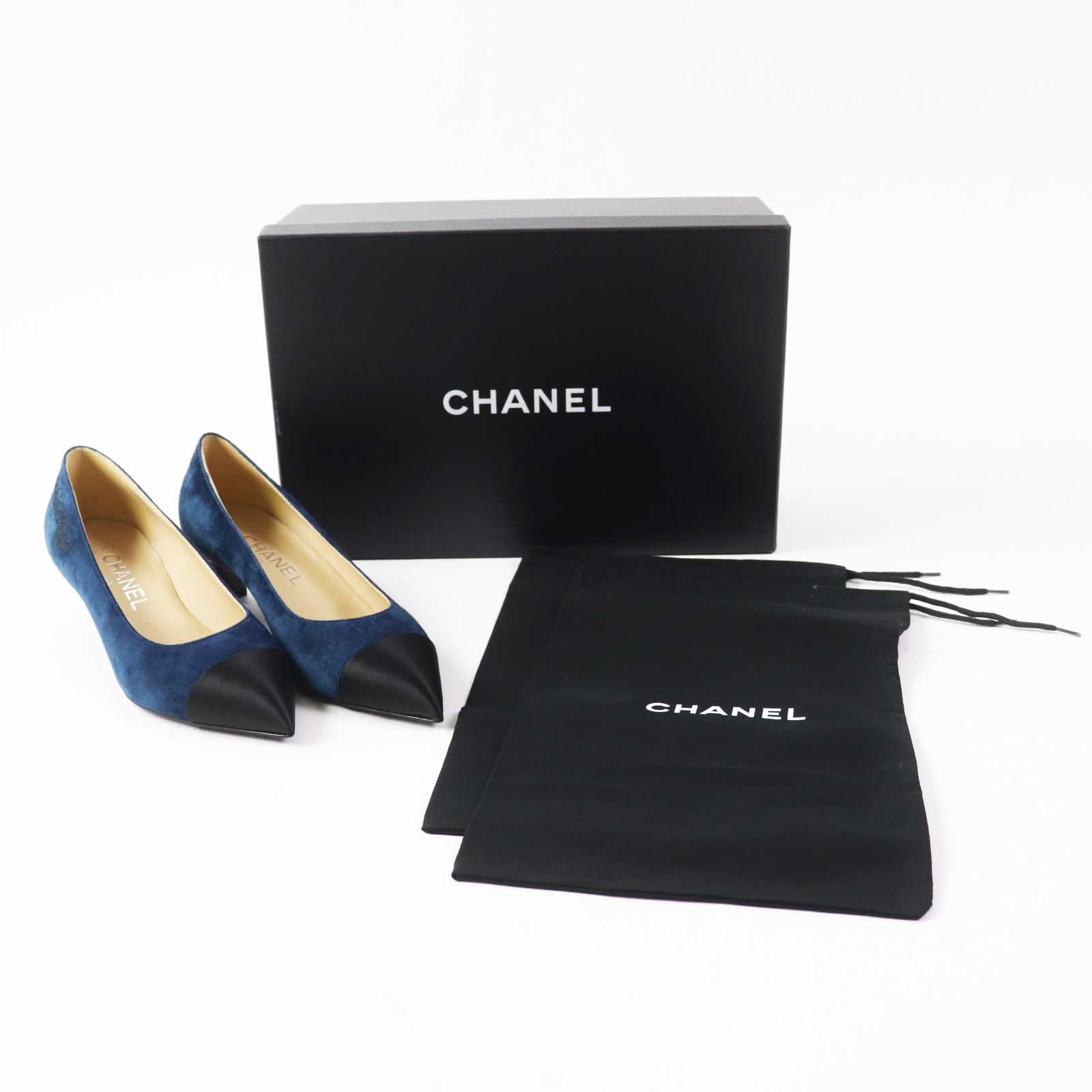 Chanel Suede Calfskin Satin Bi-color Pumps 35.5