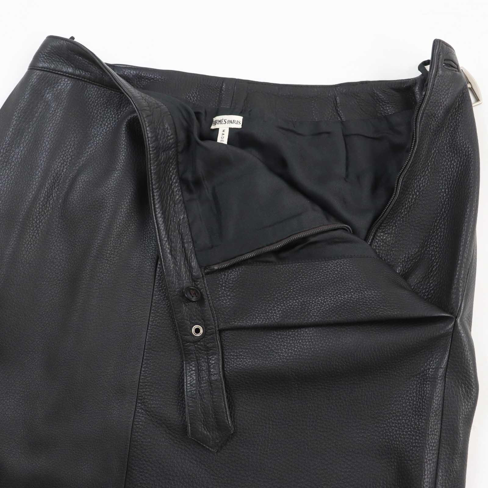 HERMES Deerskin Buckle Long Skirt Black 42